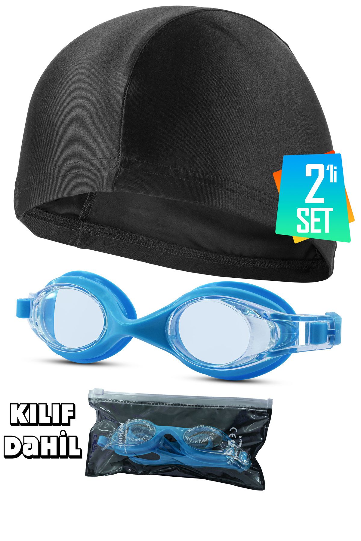 2li Set Yüzücü Gözlüğü Kumaş Bone Set Yüzme Havuz Deniz Gözlüğü Lacivert