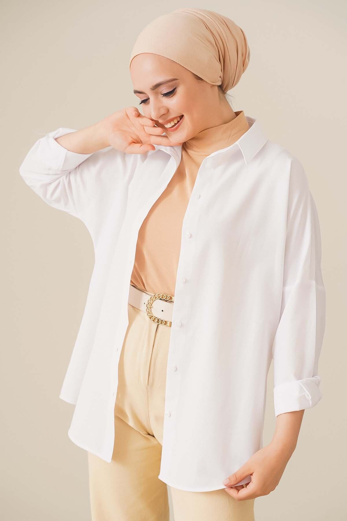 103901 Oversize Basic Tesettür Gömlek - Beyaz