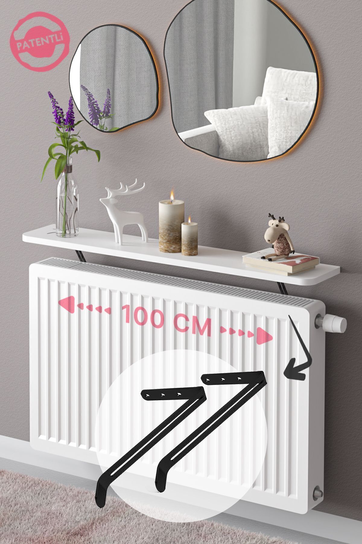 Montajsız Metal Ayak Petek Üstü Uçan Raf Dresuar Kalorifer Peteği Rafı 100 X 18 Cm Beyaz Oval Kesim