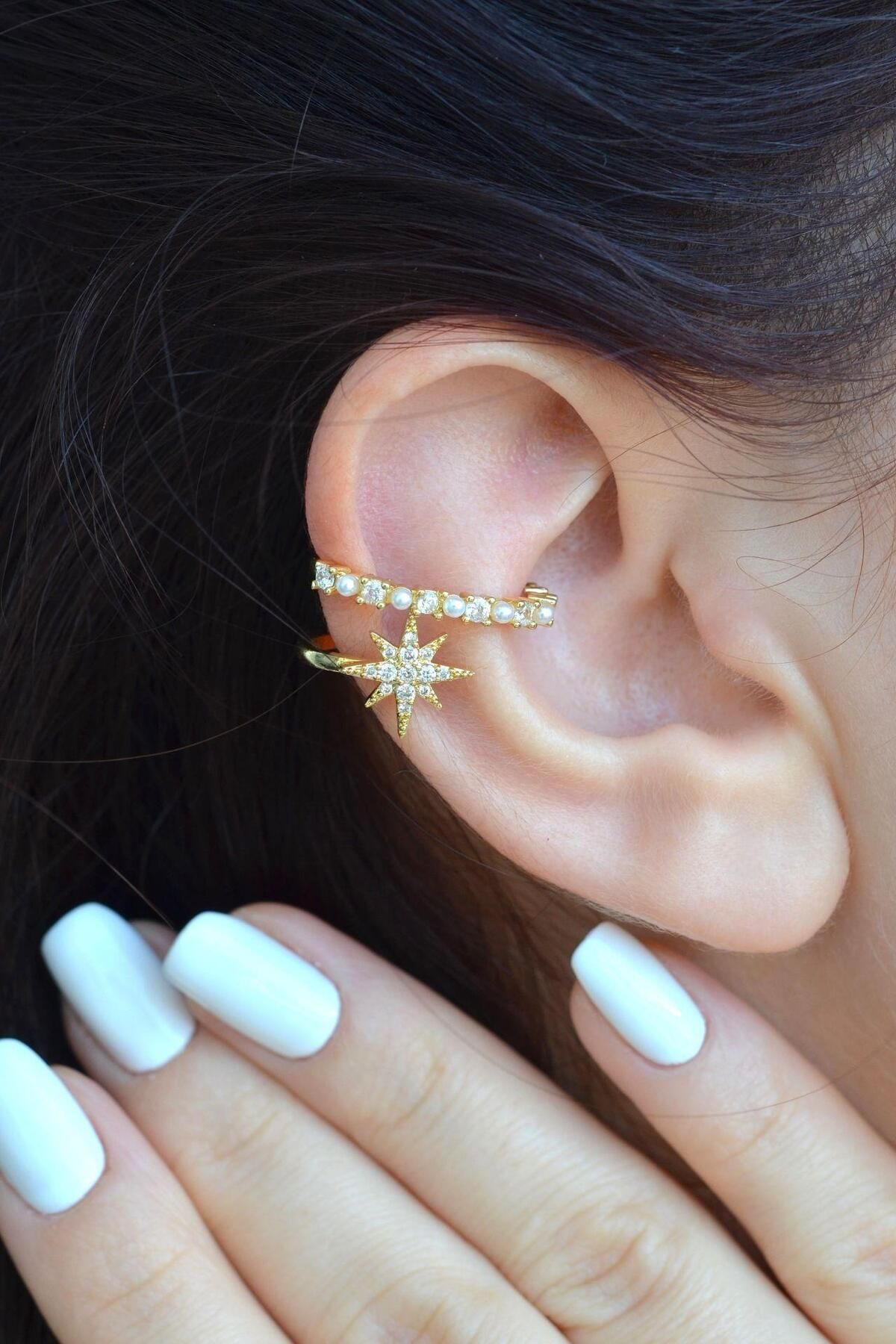 Kutup Yıldızı Detaylı Mini Incili Earcuff Sıkıştırma Kıkırdak Küpesi