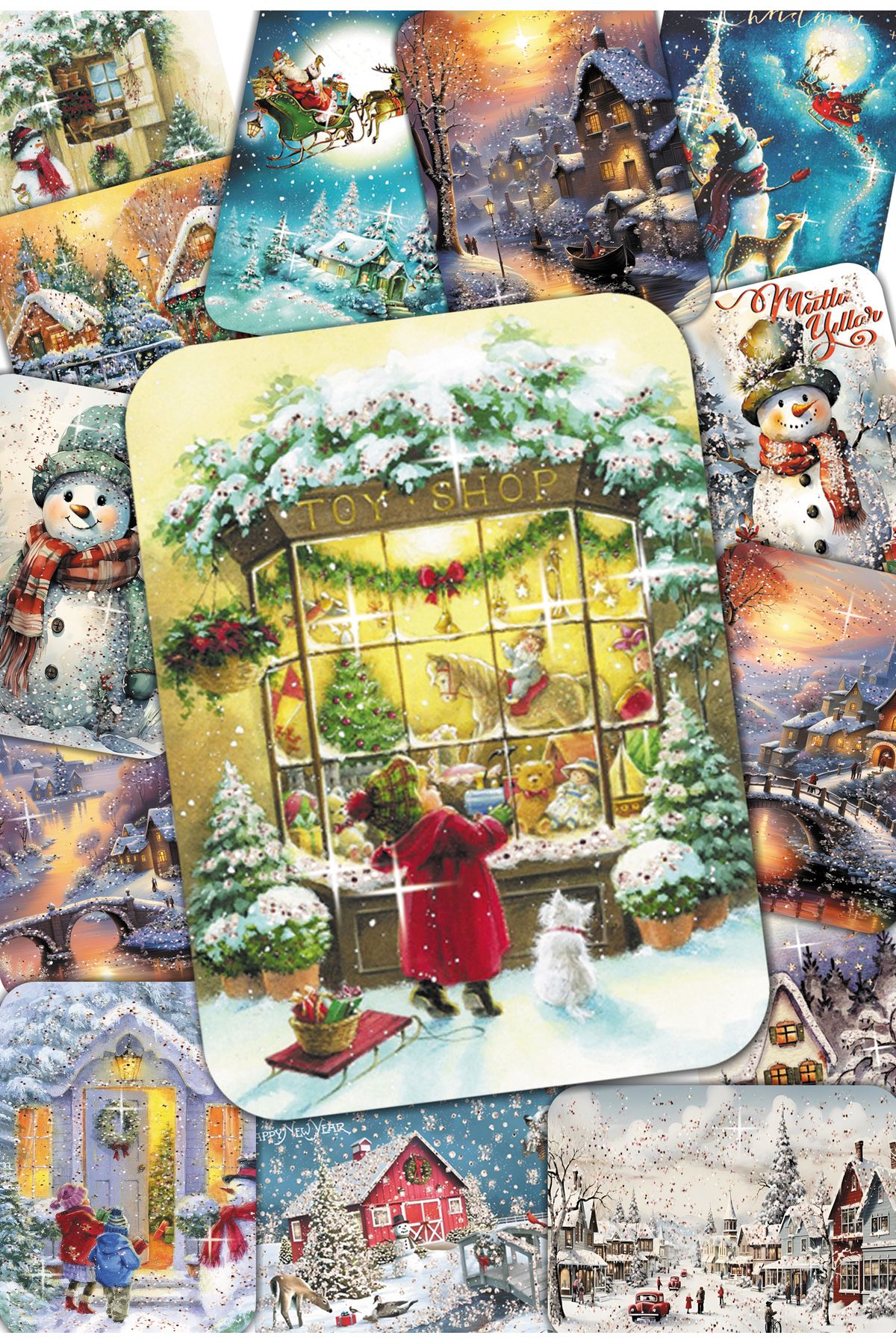 36 Adet Simli Yılbaşı Kartpostal Seti Toptan Satış Yeniyıl Postcard Kardan Adam Noel Baba