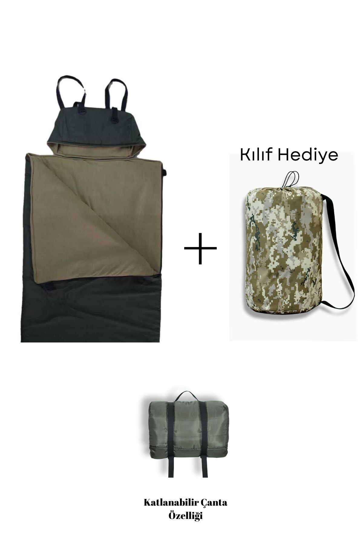 Haki Uyku Tulumu(-25 derece) Su Geçirmez(215×150 CM) 220 gr Elyaf/180 gr Polar Kamp&deprem