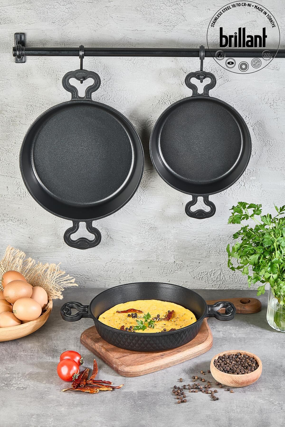 Lüks 3 Parça Döküm Tava Sahan Seti 18/20/22 Cm Sinistra Yanmaz Yapışmaz Granit Sahan Seti