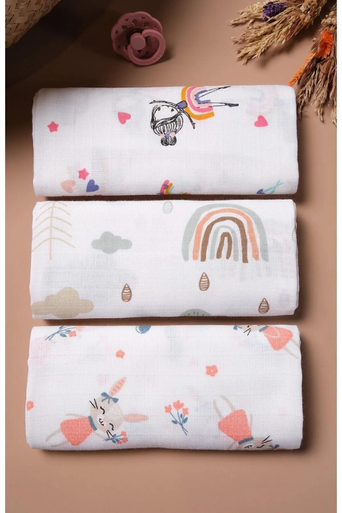 Çok Amaçlı Müslin Örtü & Battaniye 3'lü Set %100 Pamuk Oeko-teks Sertifikalı 80x80 Cm