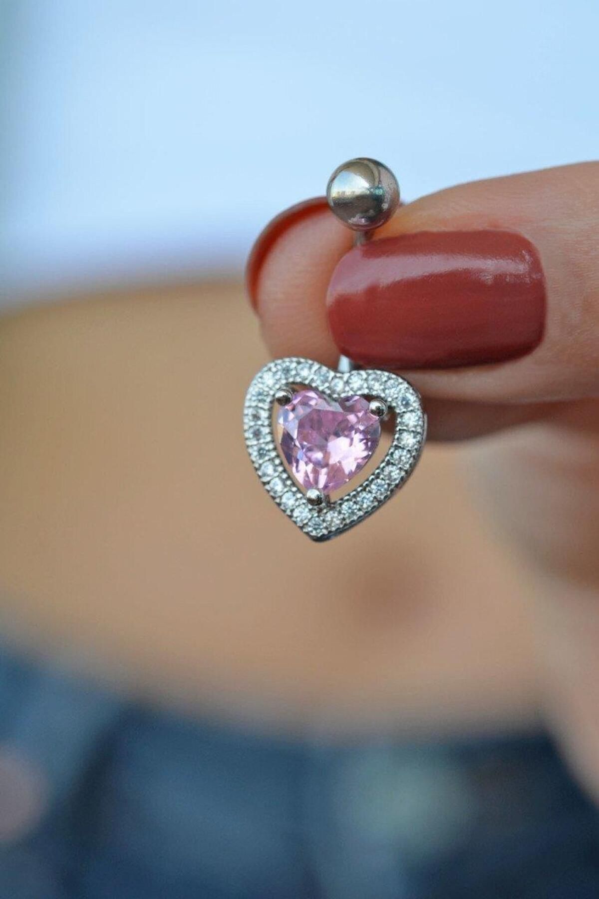 Kalp Model Pembe Taşlı Çelik Göbek Piercing