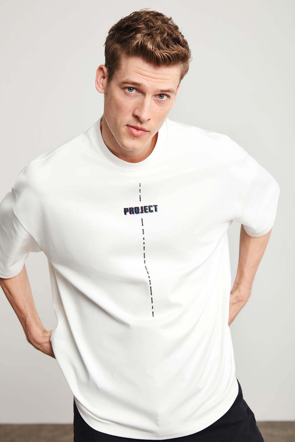 Project Erkek Baskı Detaylı Oversize Fit %100 Organik Pamuk Örme Bisiklet Yaka Örme Beyaz T-shirt