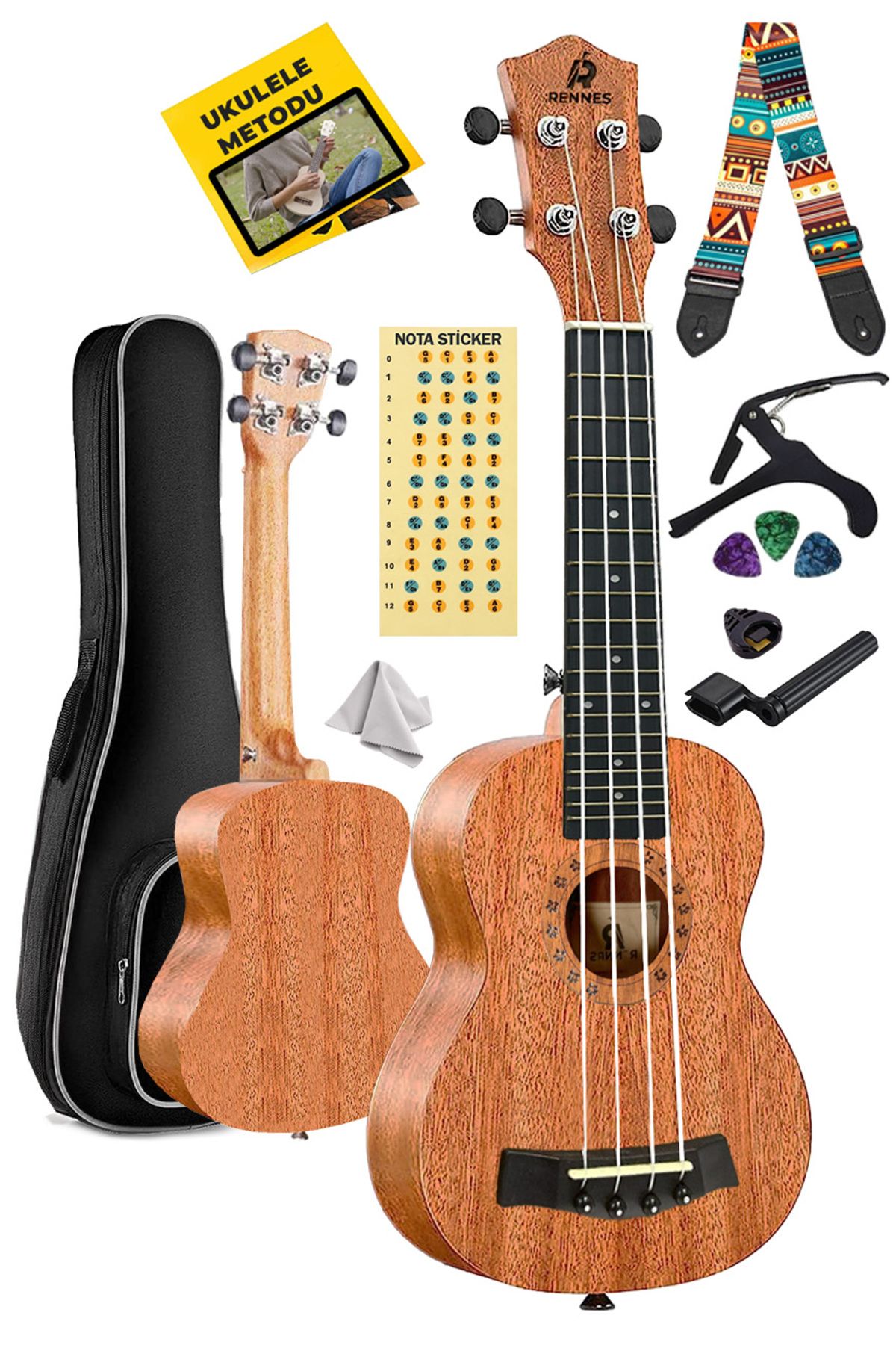 Rennes Rd-24 Concert Ukulele (ÇANTA CAPO ASKI METOD PENA)