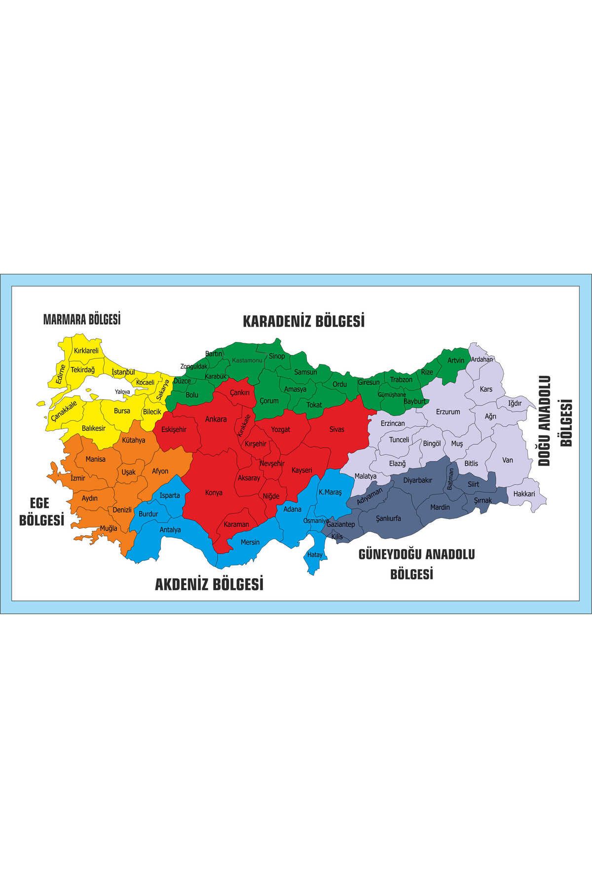 Türkiye Iller Ve Bölgeler Haritası 50x70 Vinil Baskı .