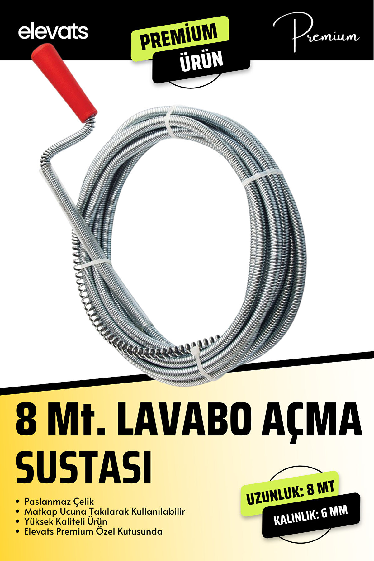 Premium 8 Mt. Tıkalı Pimaş Açma Teli Klozet Gider Açma Teli Lavabo Pimaş Klozet Açma Teli Sustası