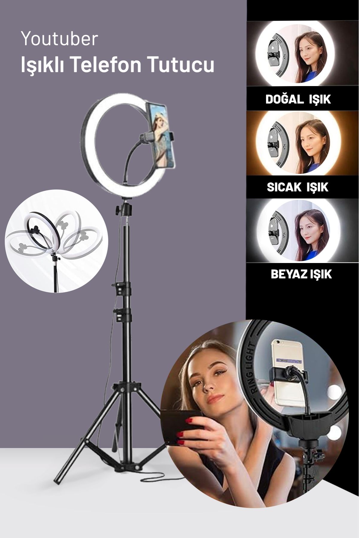 10"inç Ring Light Youtuber Tiktok Çekim Işıklı Telefon Tutucu Influencer Makyaj Işığı 2.10 m Tripod