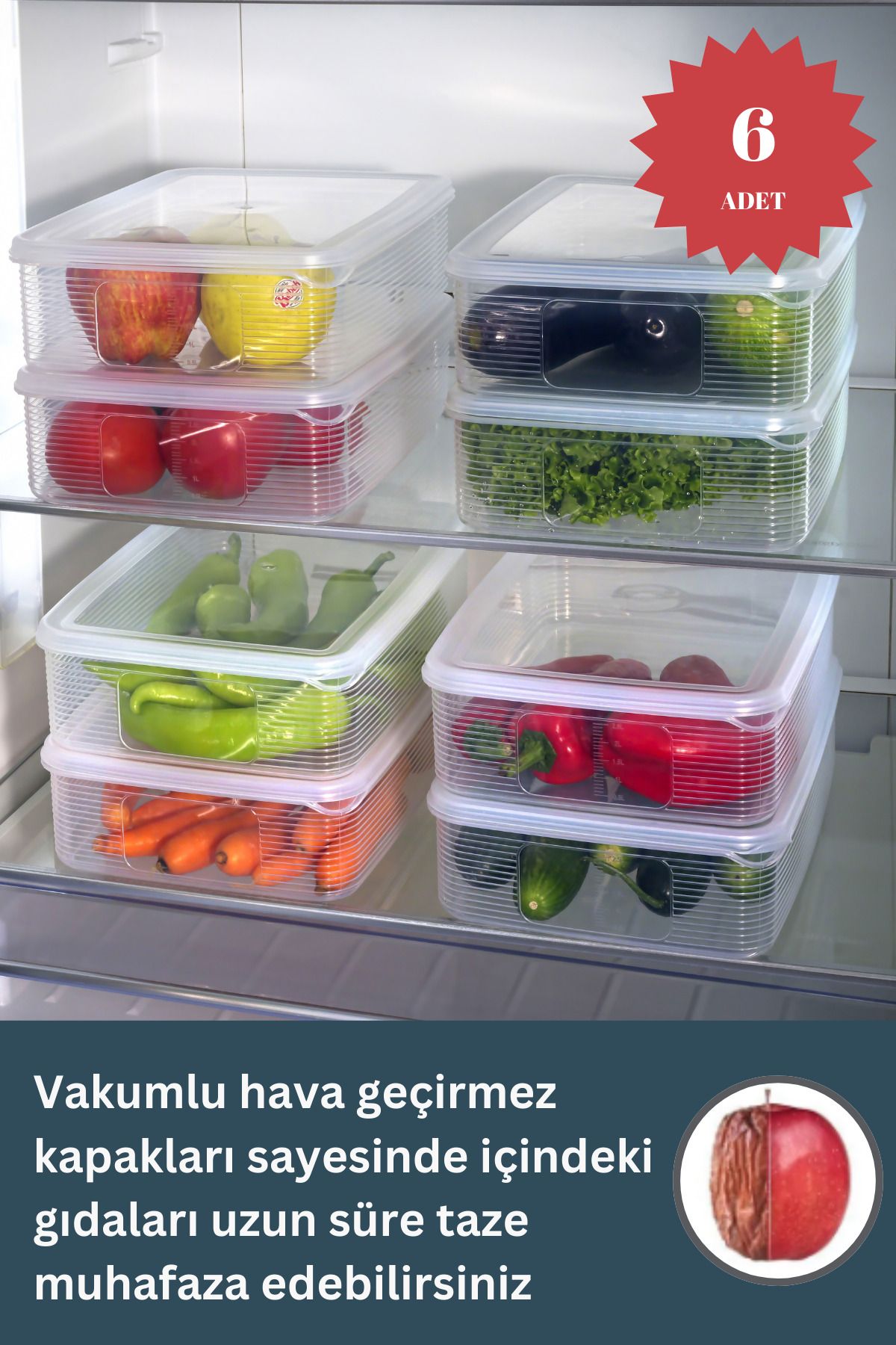 Vakumlu %100 Sızdırmaz 6 Adet 3,5 Lt Göstergeli Büyük Boy Dikdörtgen Erzak Saklama Kabı Seti