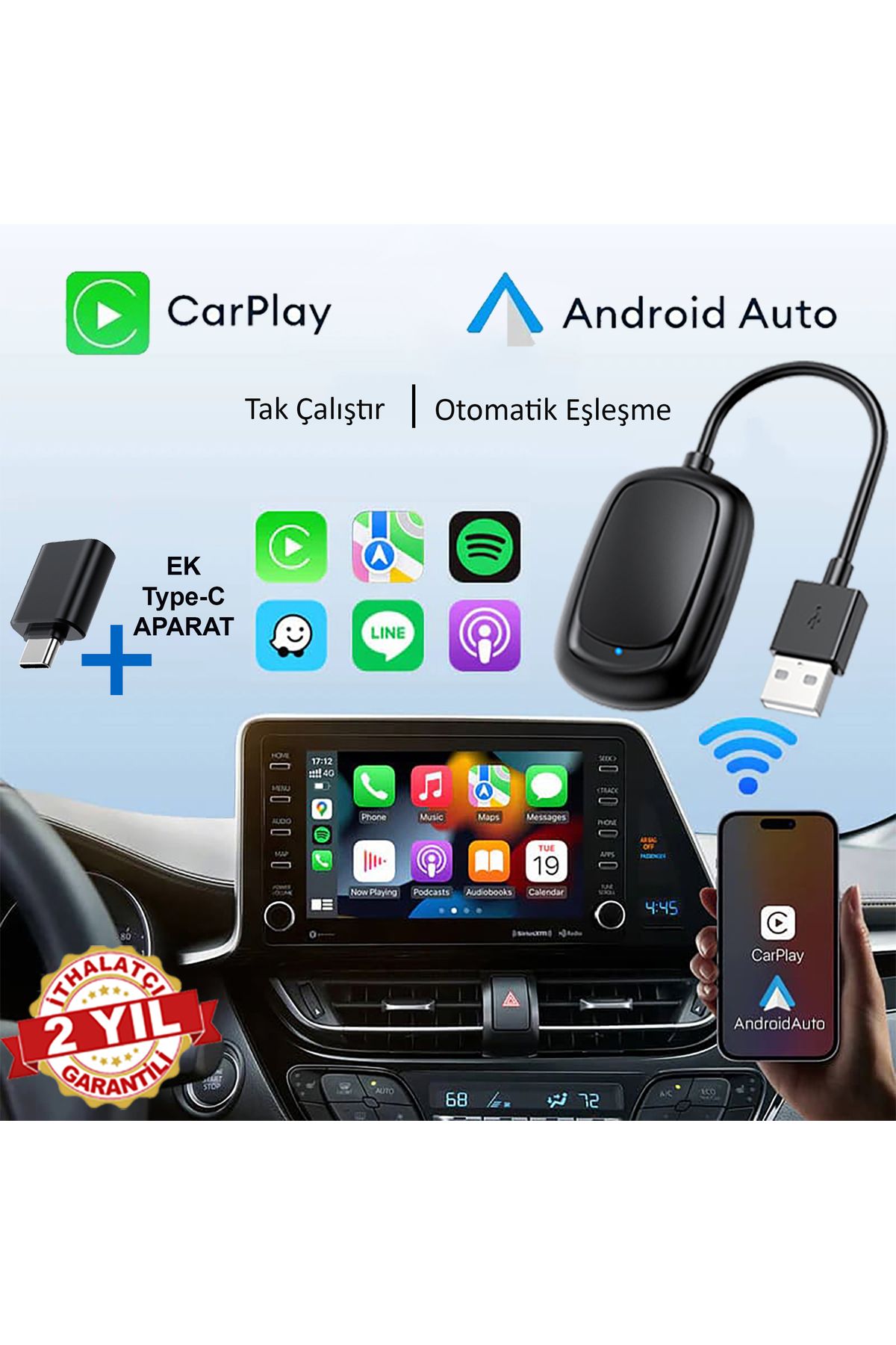 Yeni Tasarım Mini Kablosuz Carplay Usb ve Type-c Uyumlu Araç Multimedya Adaptörü