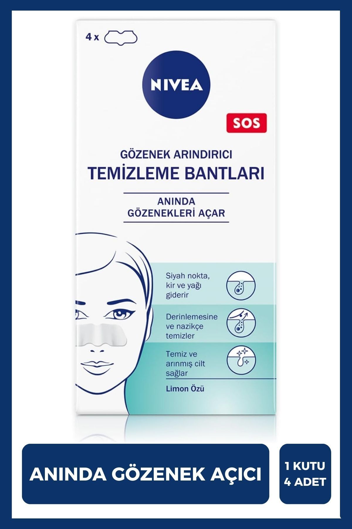 Siyah Nokta Temizleyici Burun T-Bant, Gözenek Arındırıcı, Derinlemesine Temizlik, Limon Özü, 4 Adet