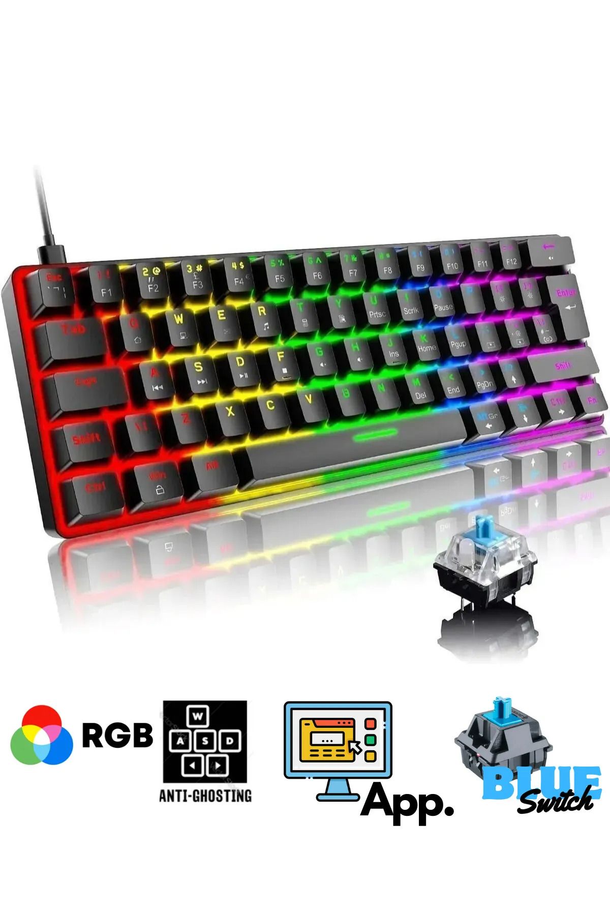 T60 Siyah Mavi Blue Switch App Uygulamalı Mekanik Rgb Klavye Kablolu Gaming Oyuncu Klavyesi
