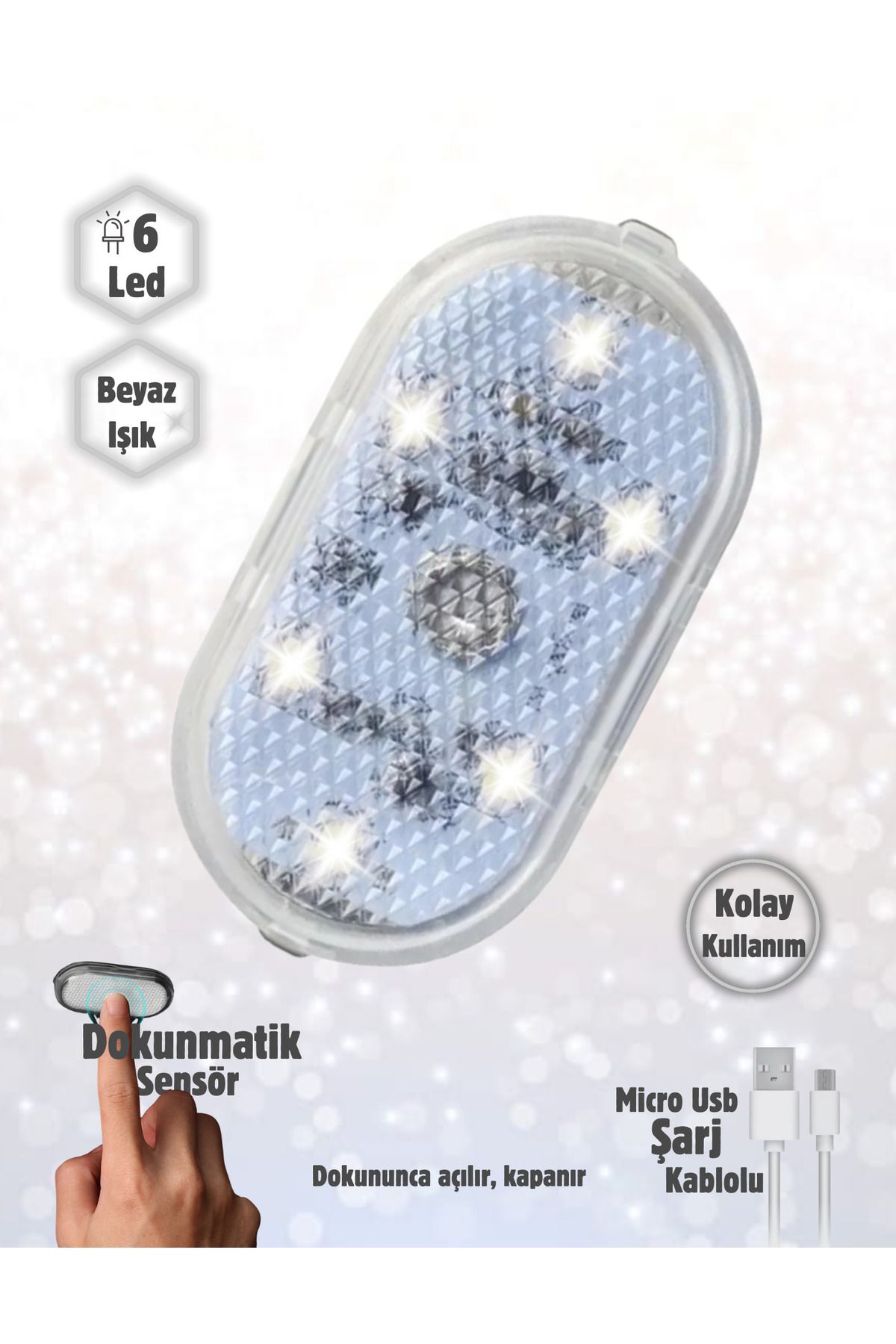 Dokunmatik Mini 6 Led Lamba Usb Şarj Edilebilir Beyaz Işık Ayak Altı Torpido Lambası