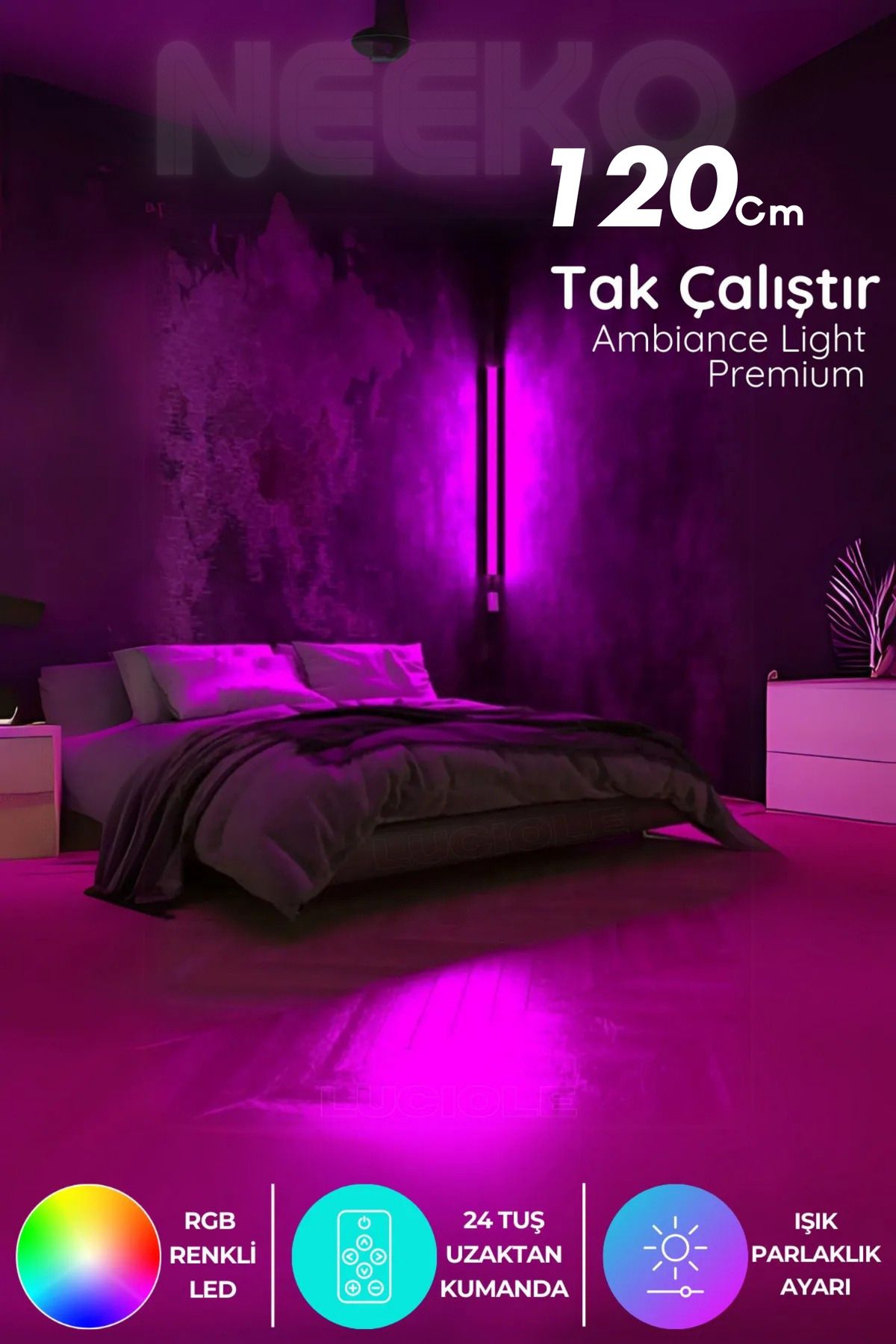 Uzaktan Kumandalı Köşe Rgb Led Abajur Aplik Gece Lambası Kumandalı 120 Cm