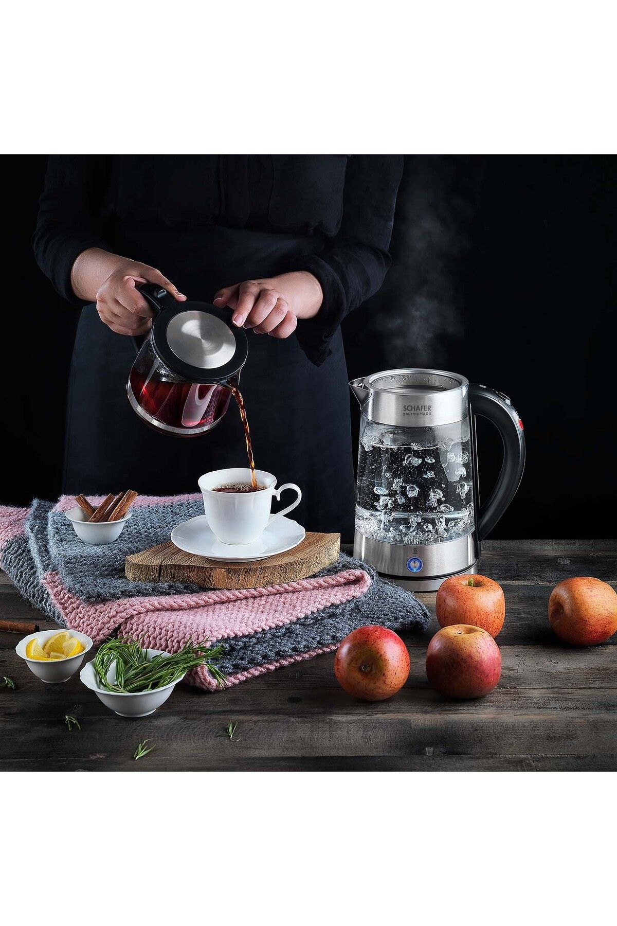 Gourmemaxx Cam Çay Makinesi Kettle 4 Parça Şeffaf