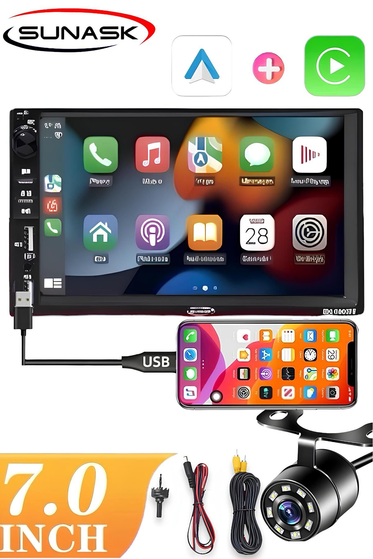 Sn-9900bt Carplay Li Ekranlı Oto Teyp 7 Inç Double Teyp Park Kamerası Bluetooth Mp5 Mp3 Çift Usb