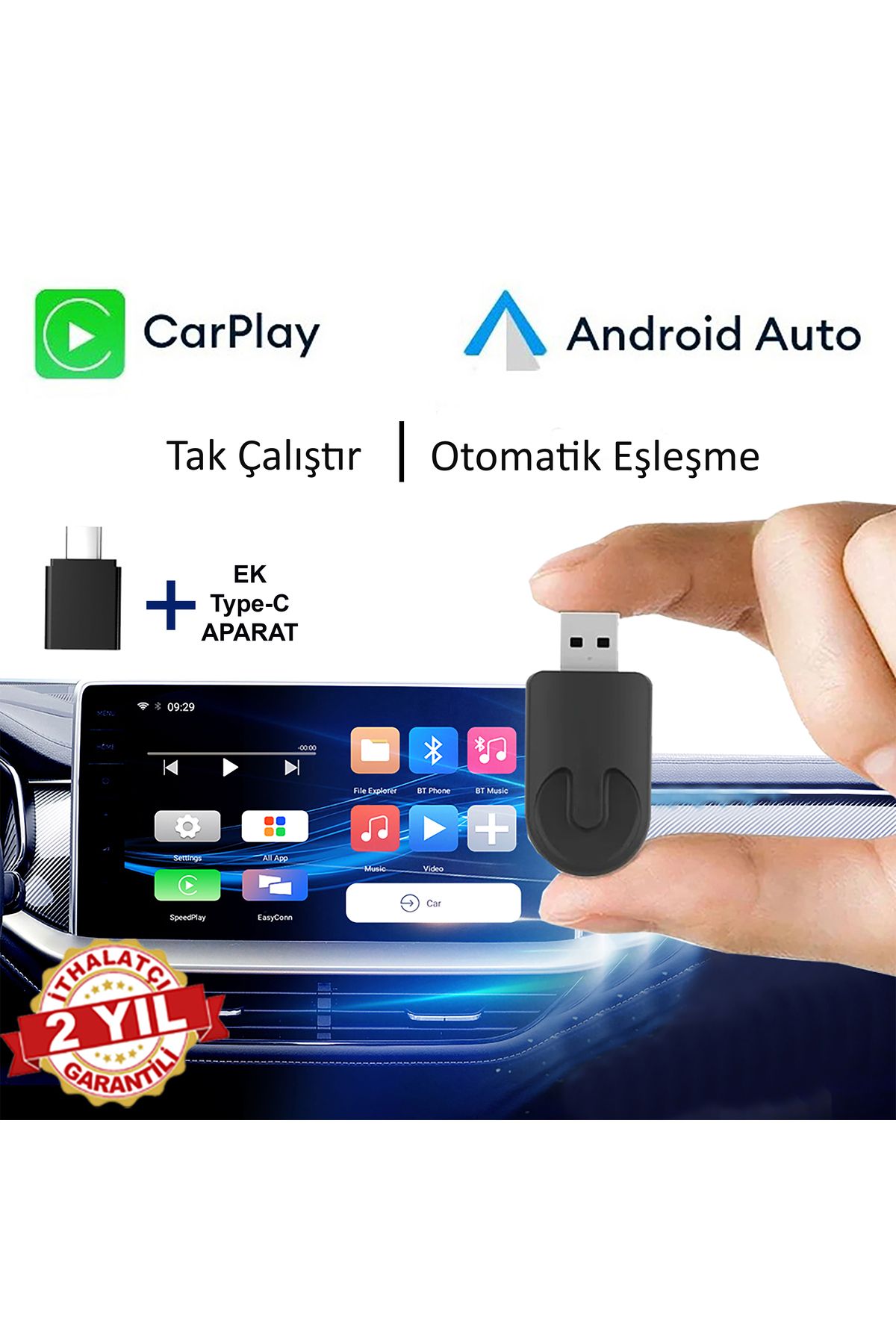 Yeni Tasarım Mini Kablosuz Carplay Usb ve Type-c Uyumlu Araç Multimedya Adaptörü