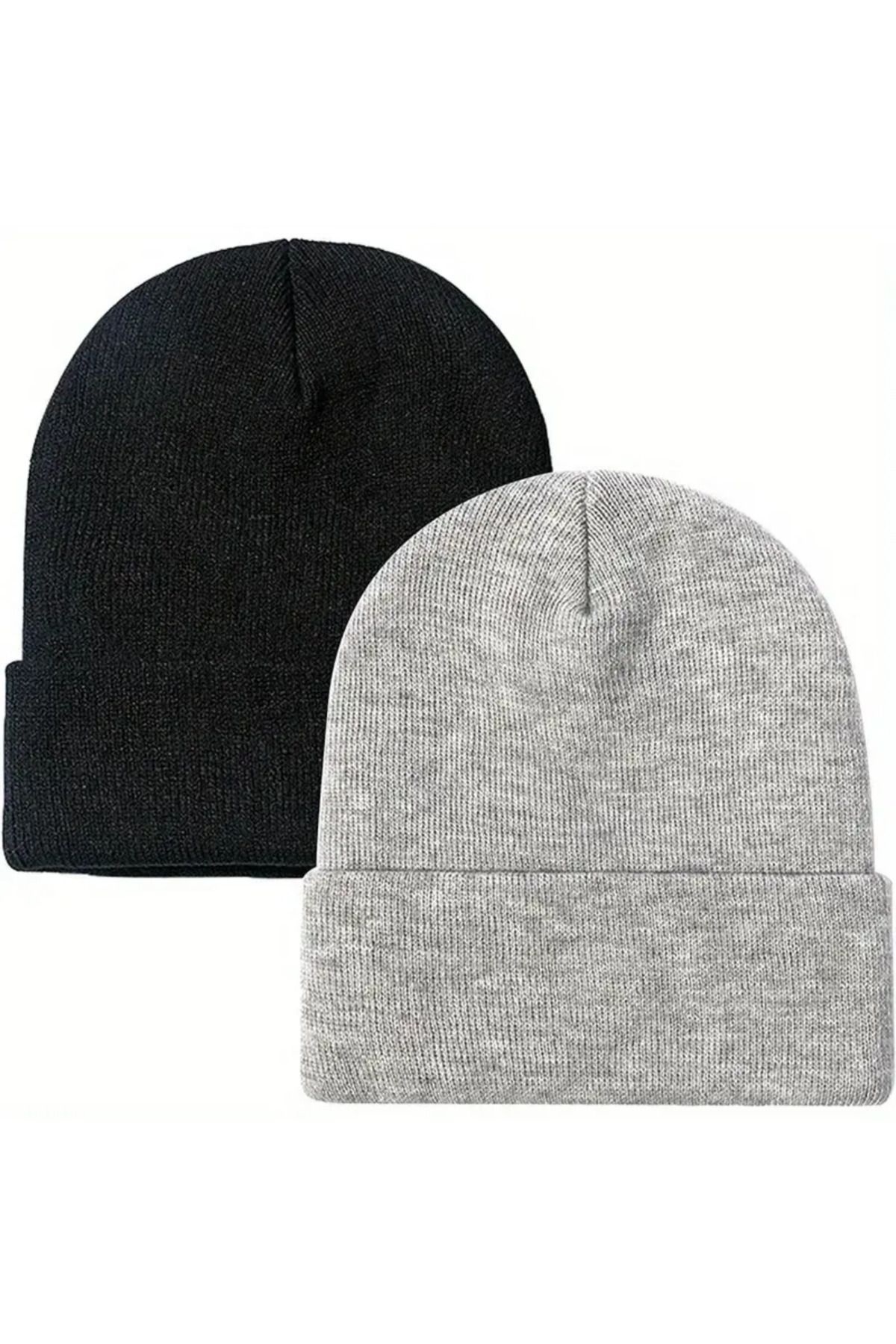 Unisex Gri Siyah Basic Kışlık 2'li Bere Seti
