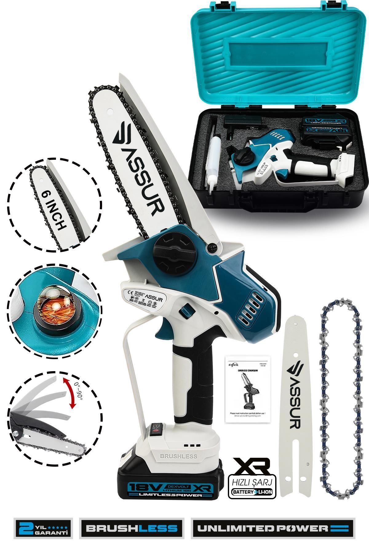 Extra Power Kömürsüz Motor Şarjlı El Testeresi Ağaç Odun Dal Kesme Budama Mavi