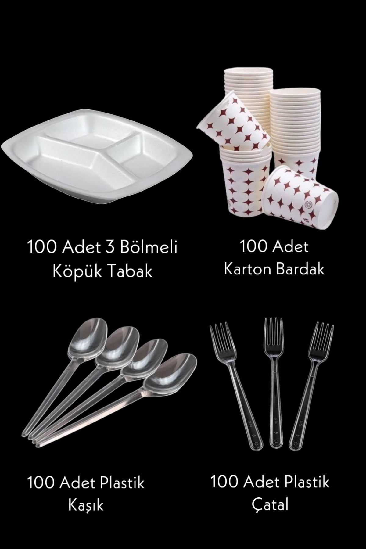 3 Gözlü Köpük Tabak - 3 Bölmeli Tabak - Plastik Çatal,kaşık - Karton Bardak Eko Set