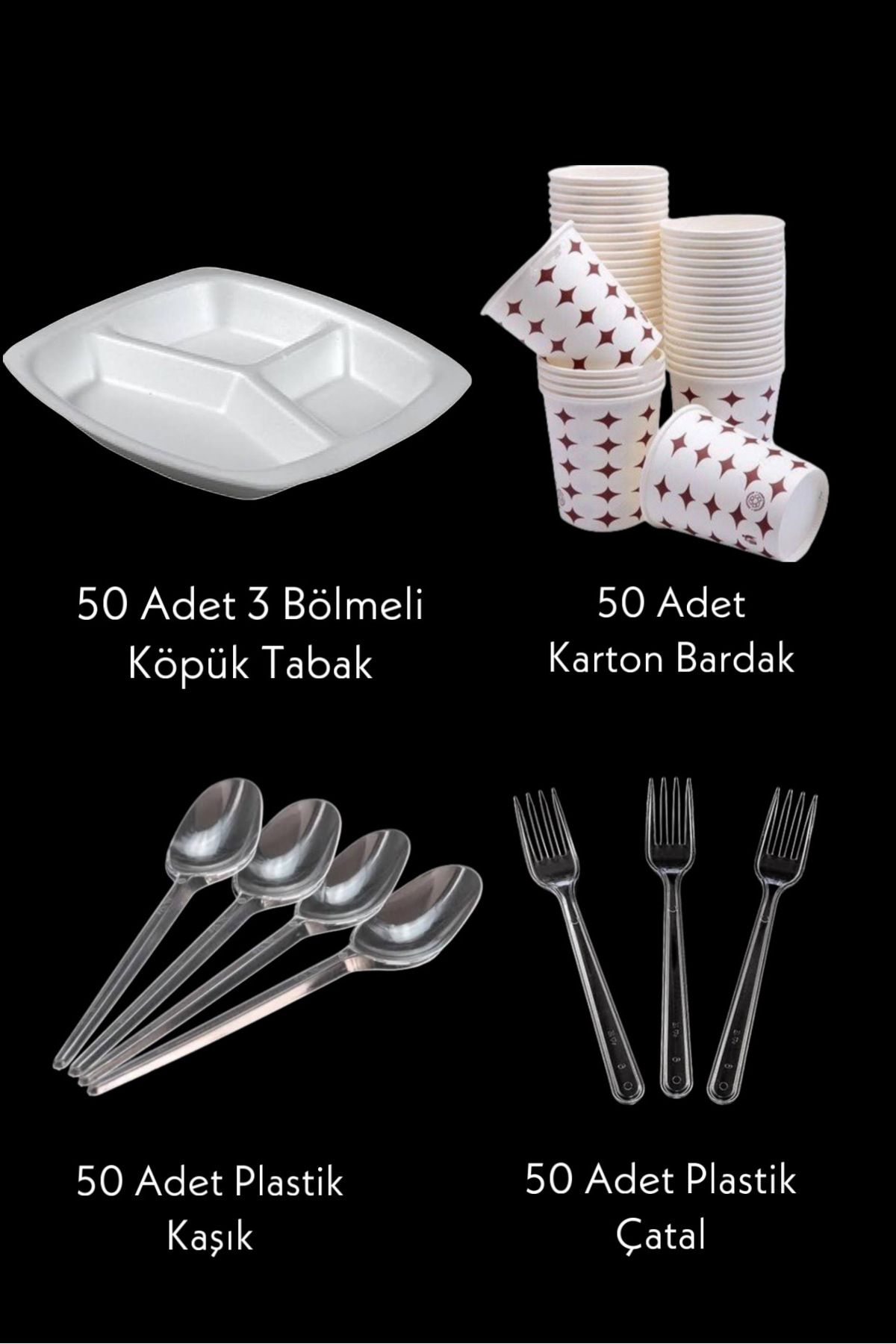 3 Gözlü Köpük Tabak - Plastik Çatal,kaşık - Karton Bardak Eko Set(50li Set)