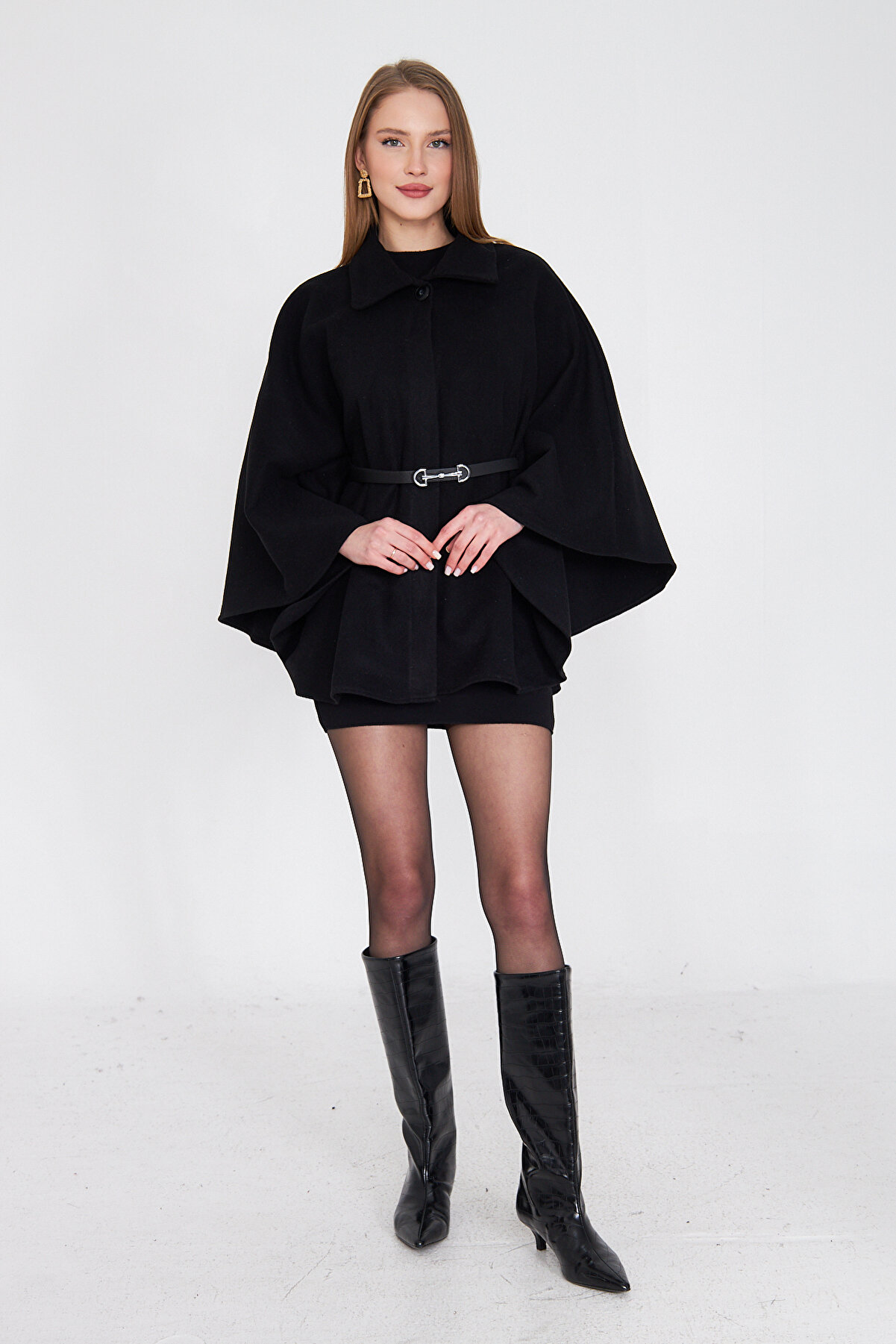 Kadın Kemerli Kaşe Panço Siyah / Sevde Ugur