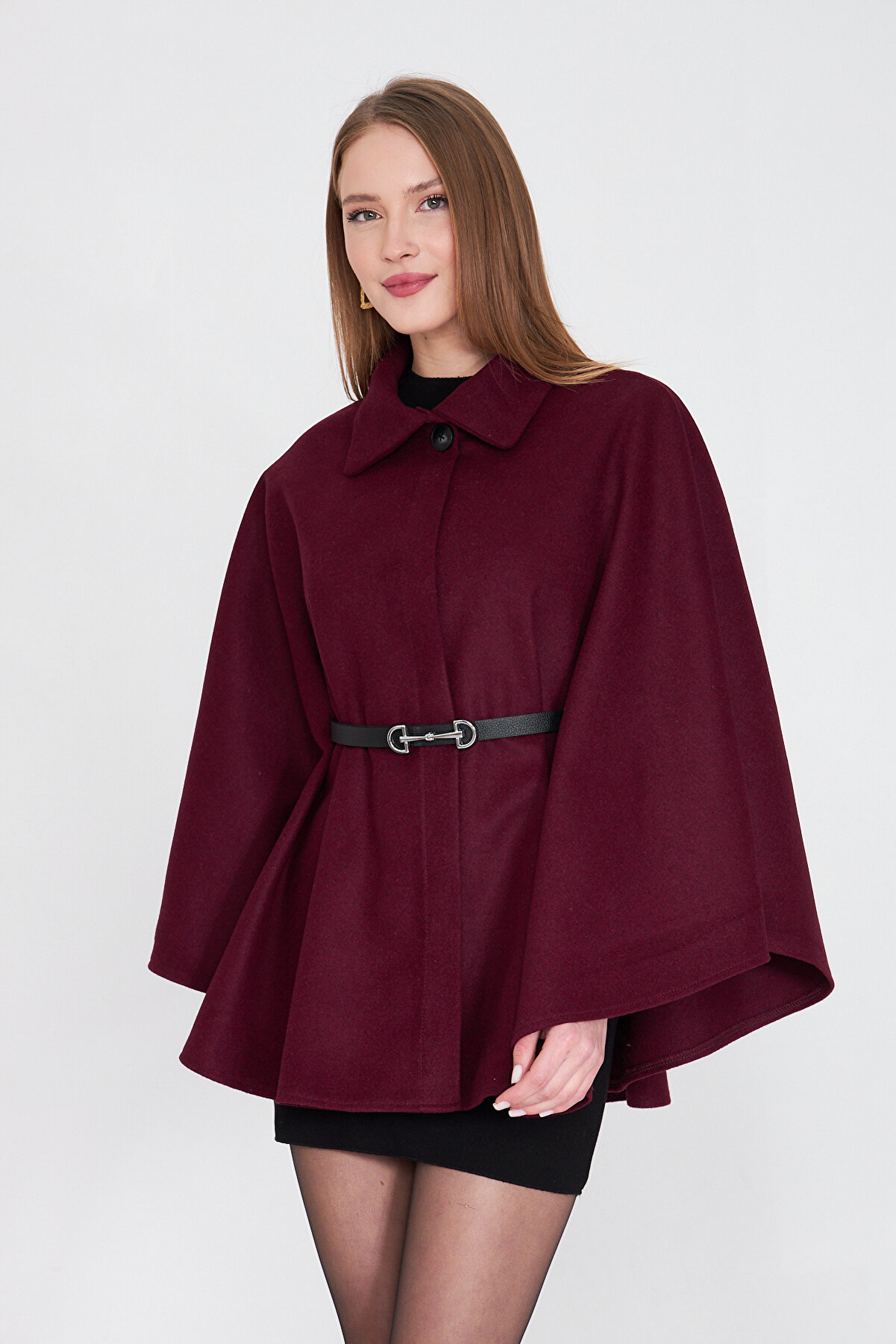 Kadın Kemerli Kaşe Panço Bordo / Sevde Ugur