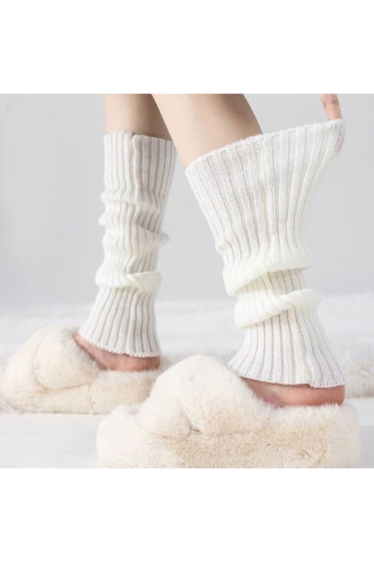 %100 Akrilik Premium Triko Örgü Ayak Isıtıcı Tozluk Ekru