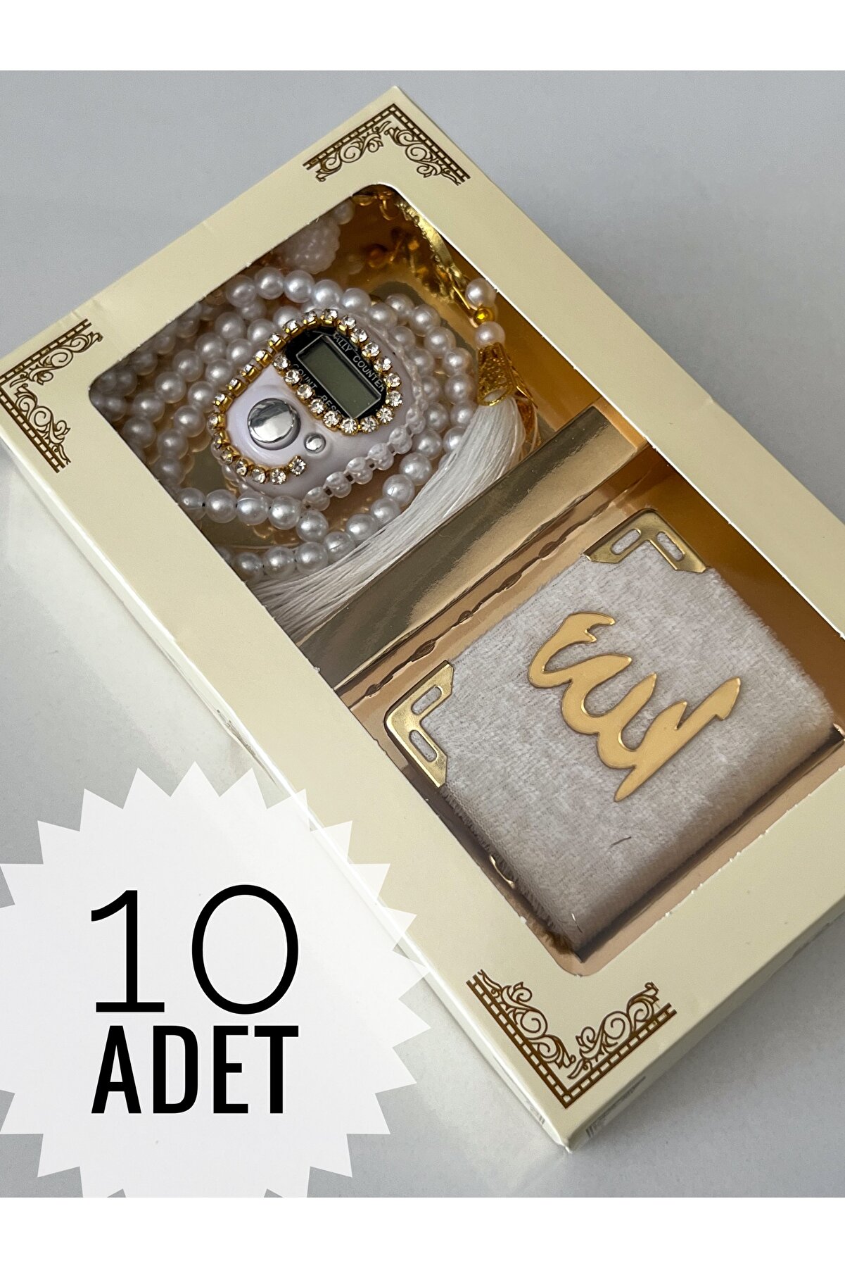 10 Adet Hediyelik Çeyizlik Kutulu Mini Kur'an-ı Kerim Tesbih Ve Taşlı Zikirmatik Setimiz