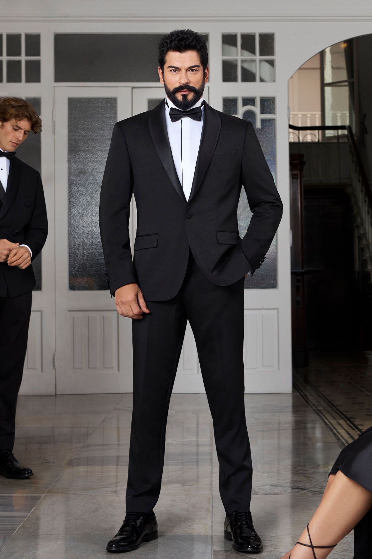 Erkek Siyah Slim Fit Dar Kesim Şal Yaka Desenli Klasik Smokin Takım
