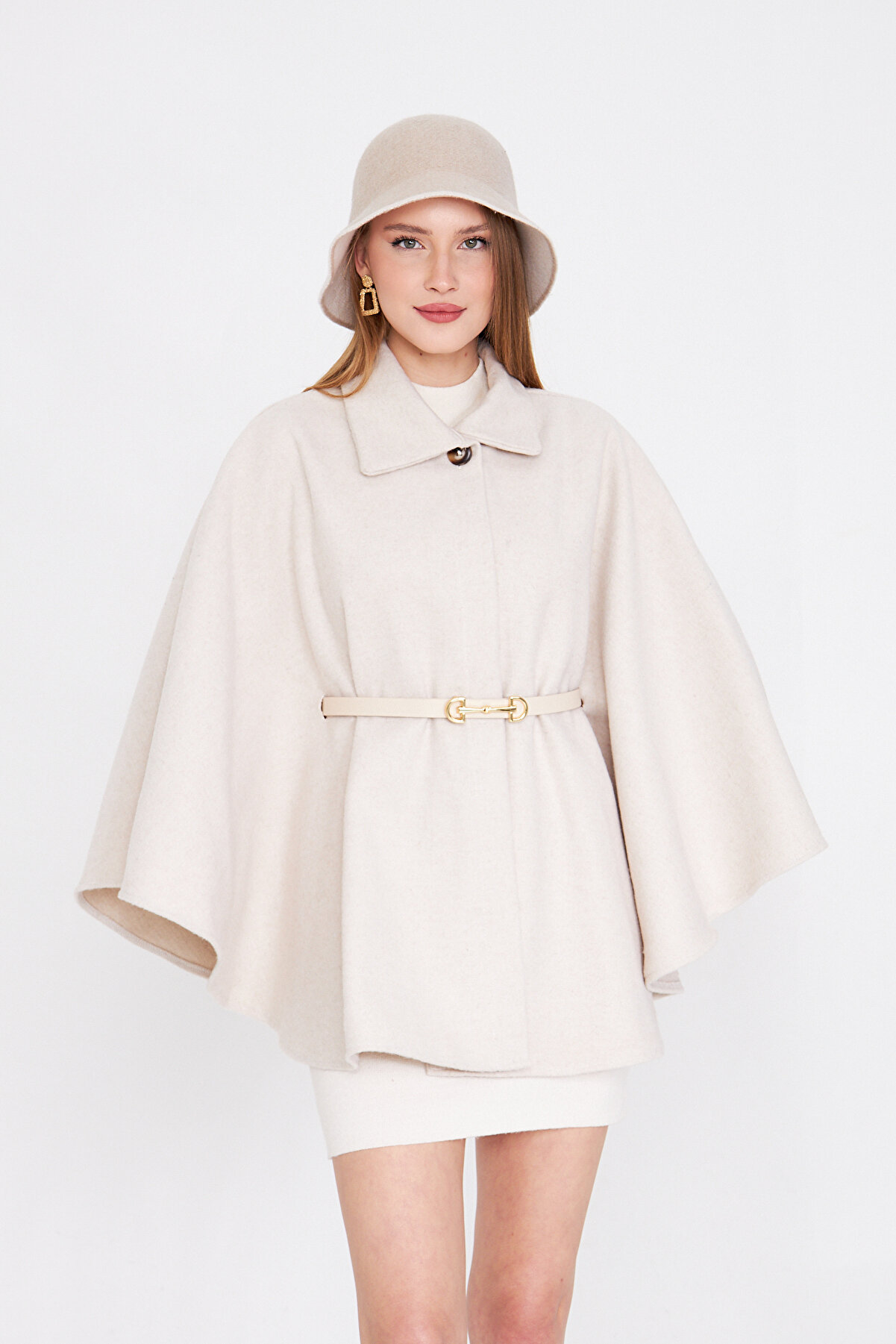 Kadın Kemerli Kaşe Panço Krem / Sevde Ugur