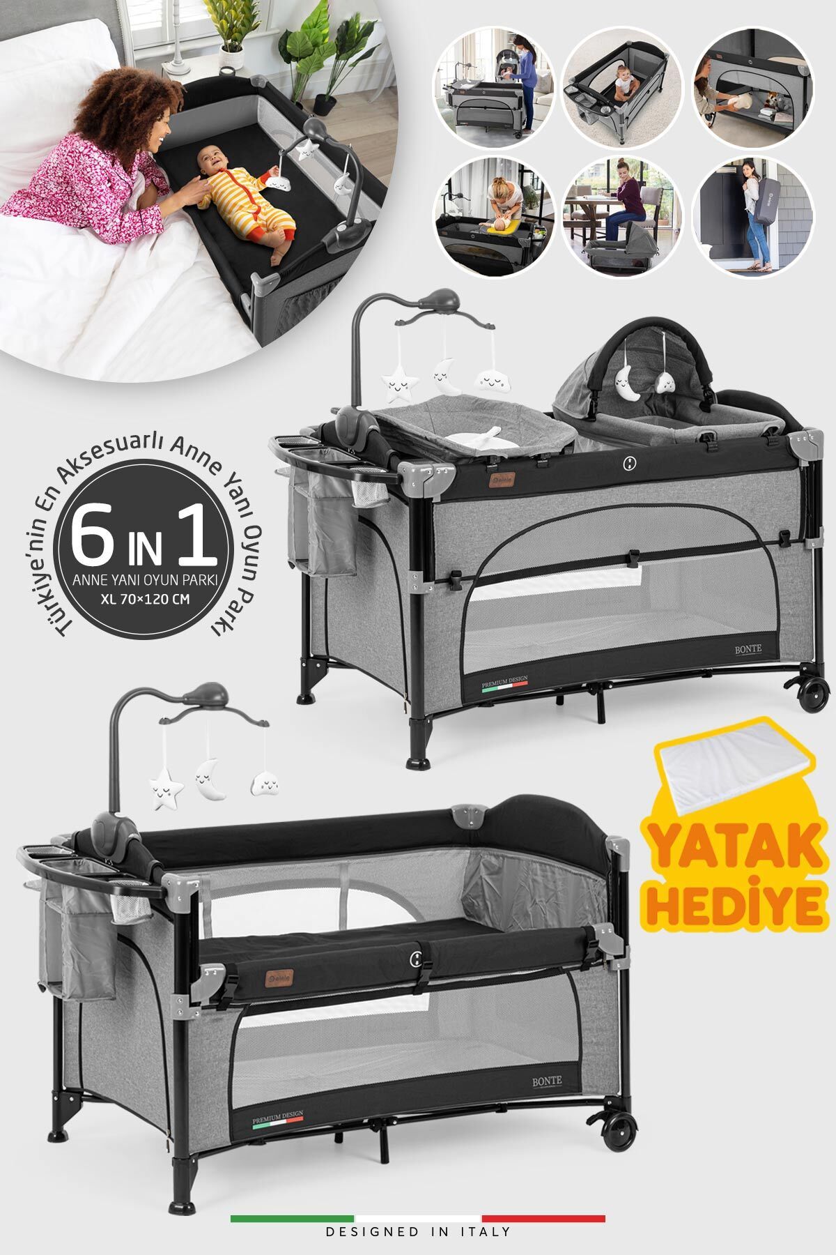Bonte 2 6in1 Lüks Anne Yanı Oyun Parkı Park Yatak Xl 70x120 Cm Gri-siyah Yatak Hediye