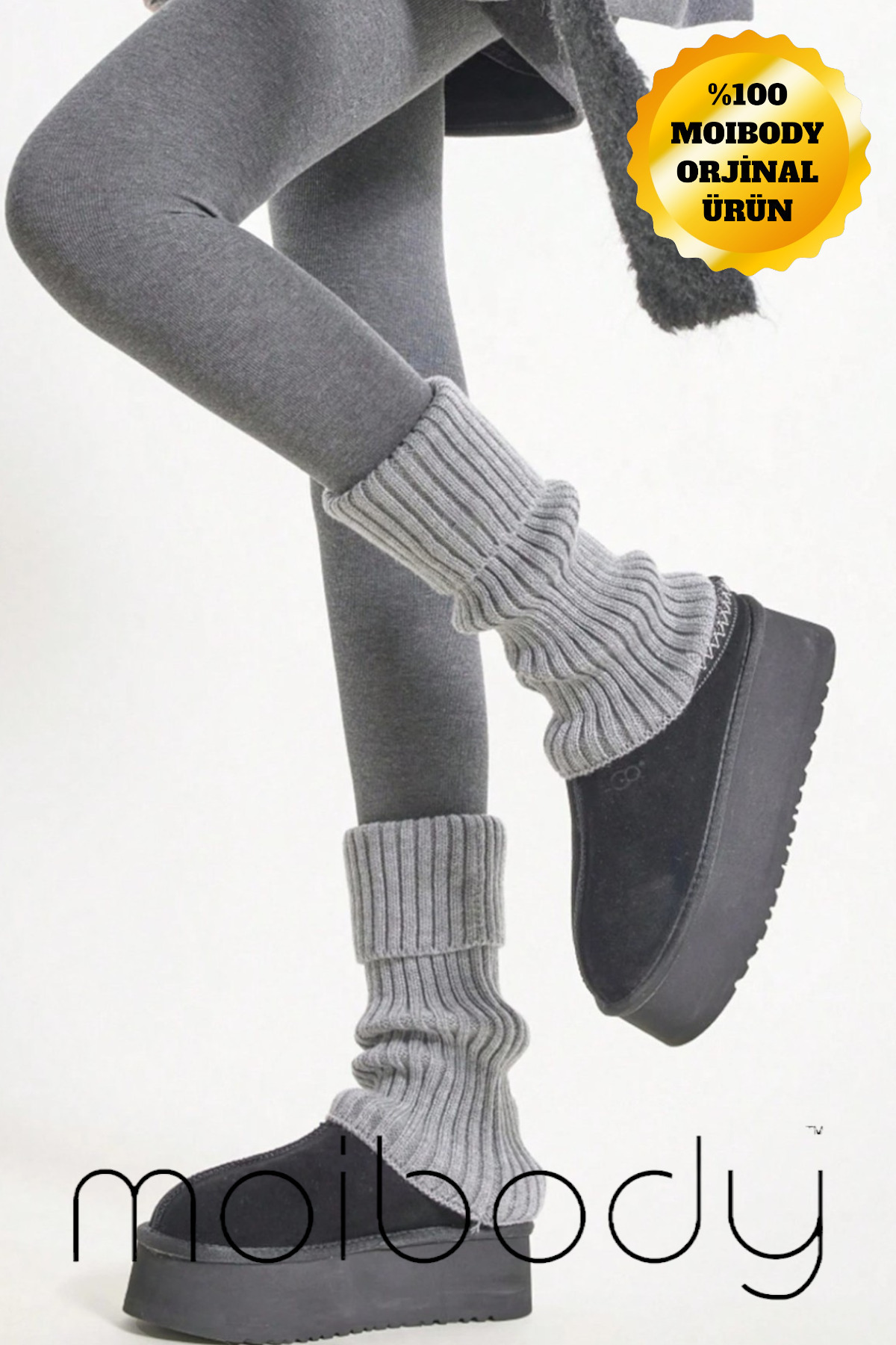 Premium %100 Akrilik Triko Örgü Leg Warmer Ayak Isıtıcı Tozluk Gri