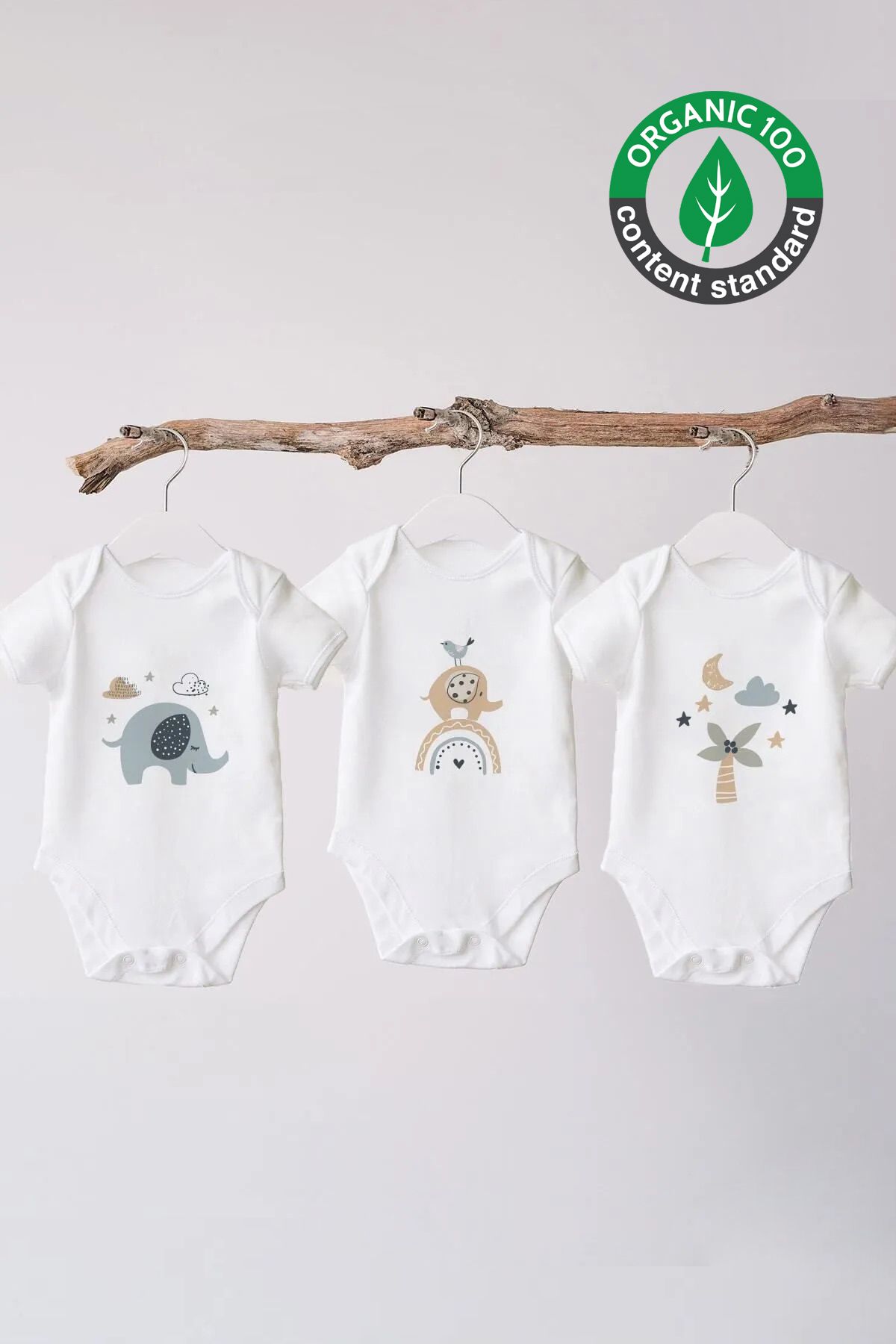 %100 Organik Pamuk 3lü Baskılı Kısa Kollu Bebek Body Fil