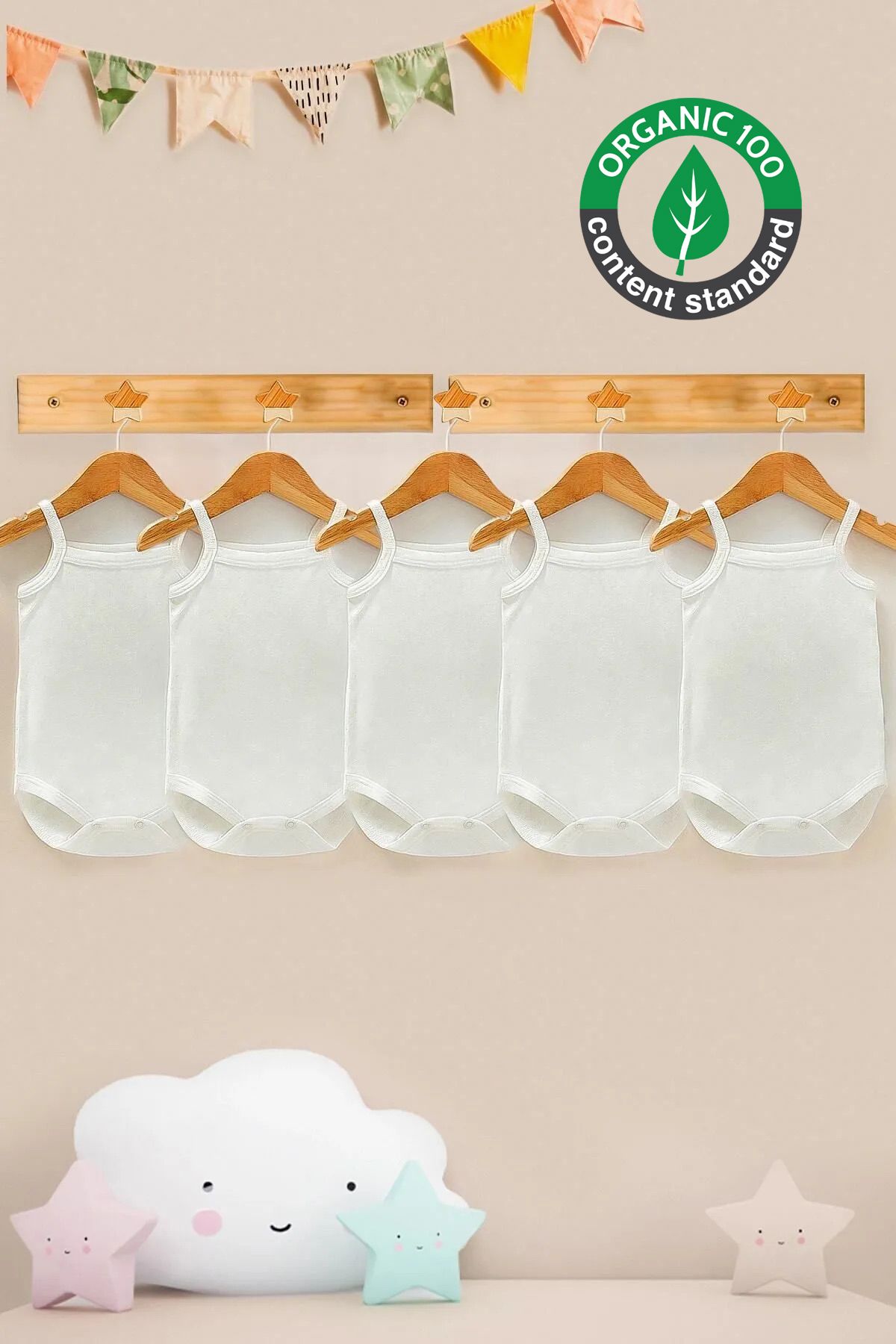 %100 Organik Pamuk 5li Beyaz Askılı Bebek Body