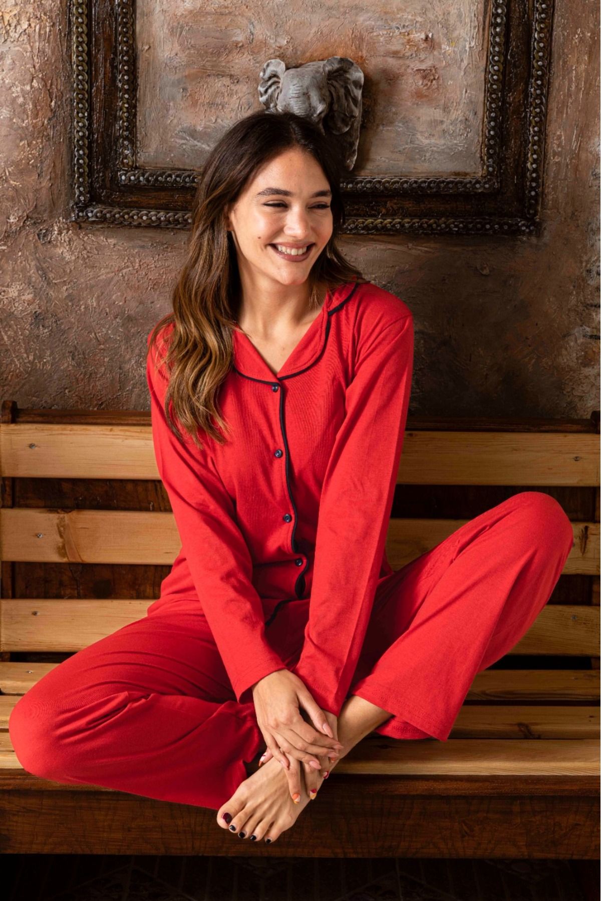 Kırmızı Renk Biyeli Pamuklu Gömlek Uzun Kol Pijama Takımı