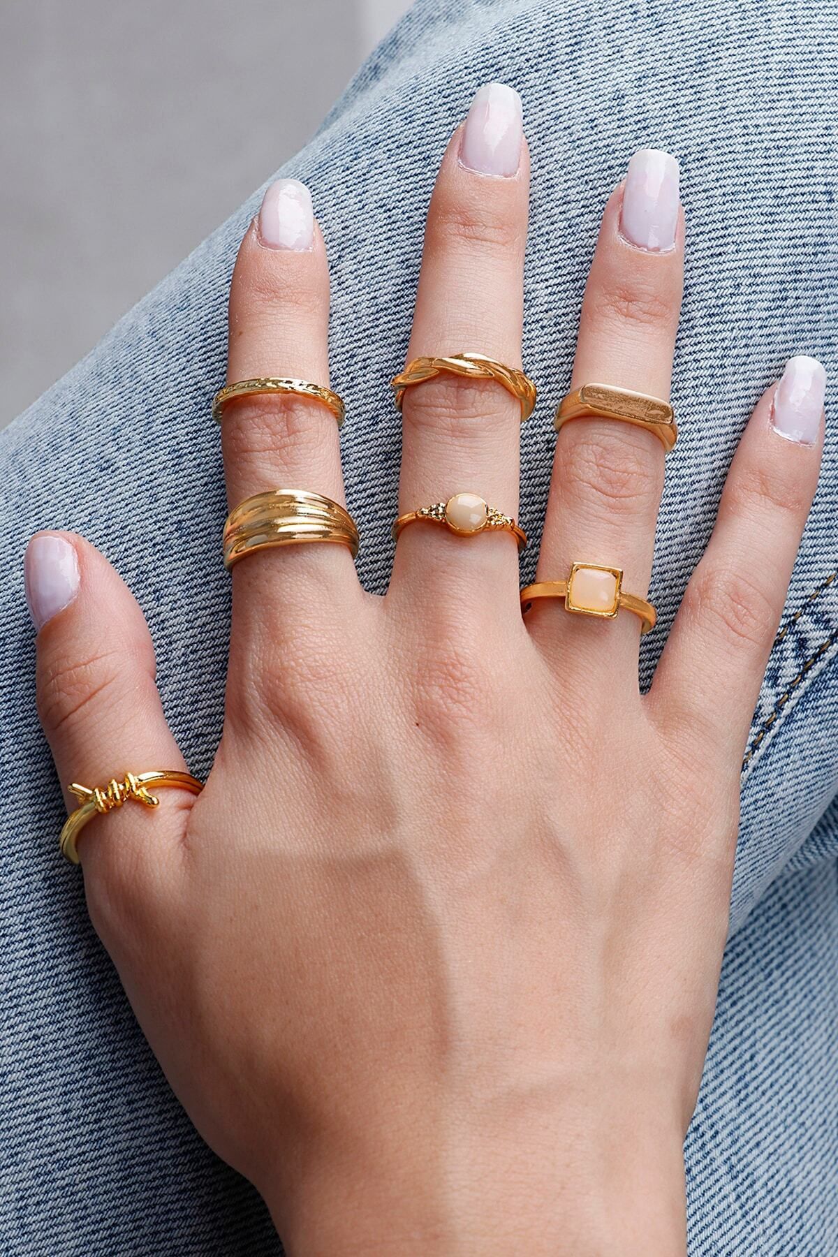 7'li Mine Taşlı Yüzük Ve Eklem Yüzük Set 0044