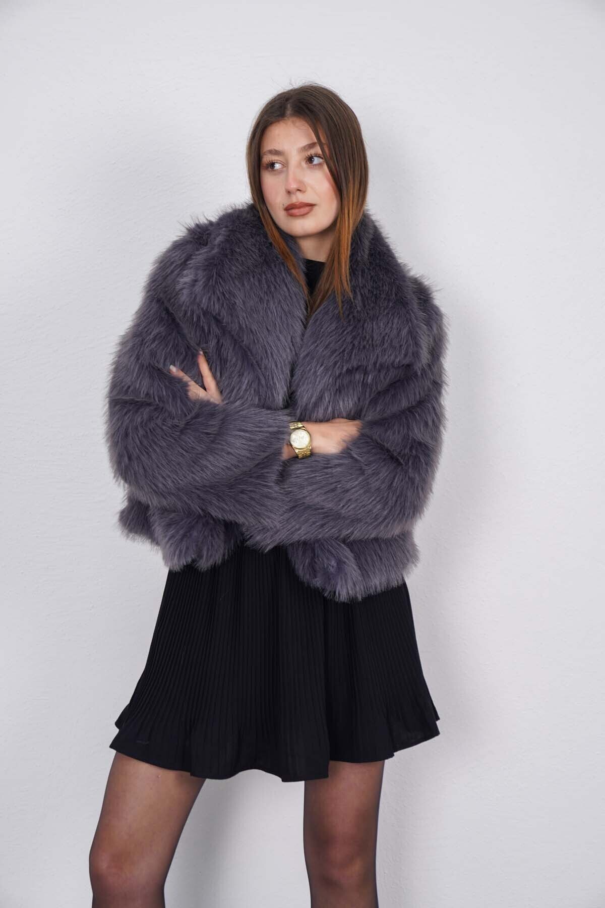 İçi Astarlı Antrasit Renk Premium Kürk