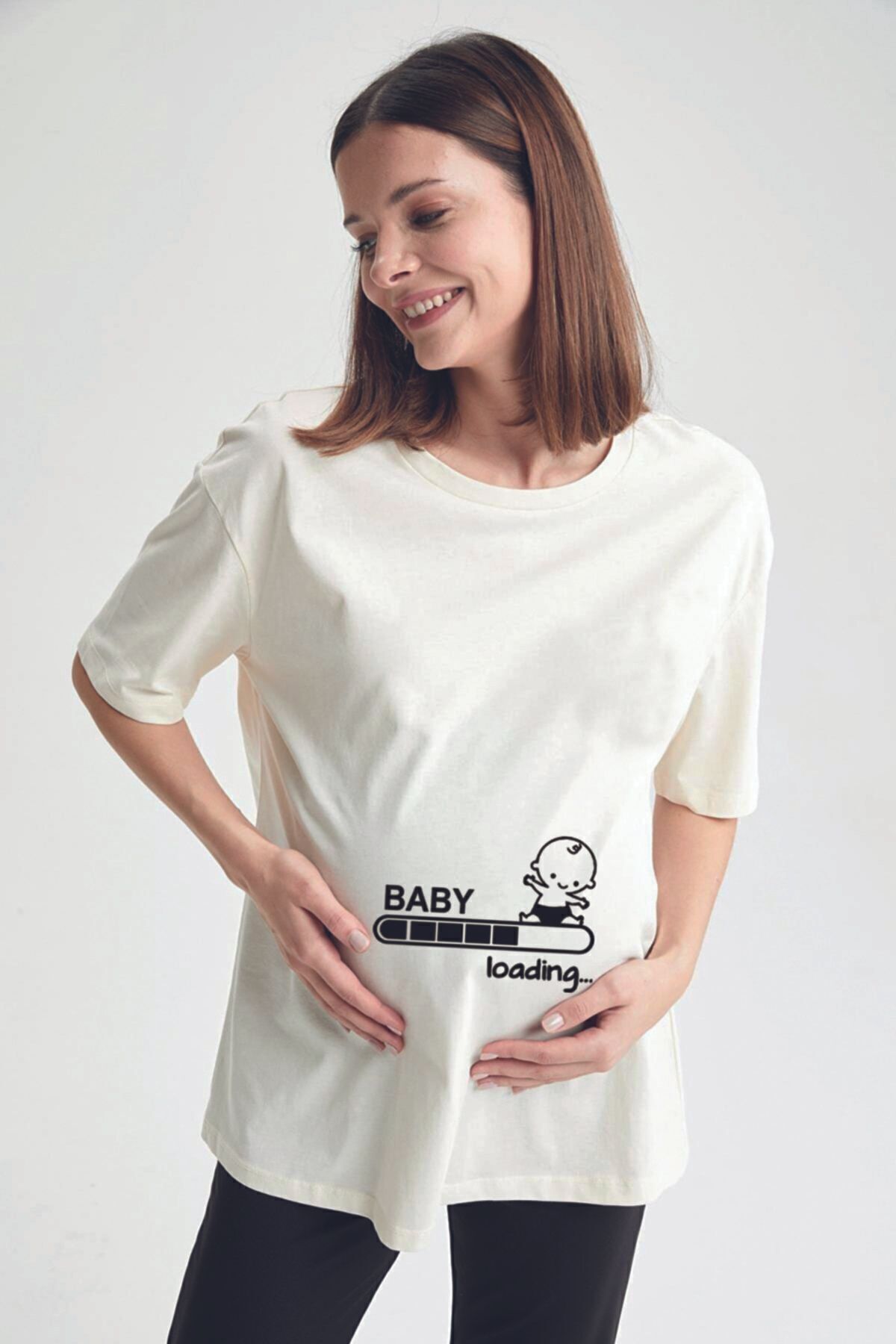 frısson Beyaz Oversize Hamile T-shirt Baby Loading Baskılı Beyaz