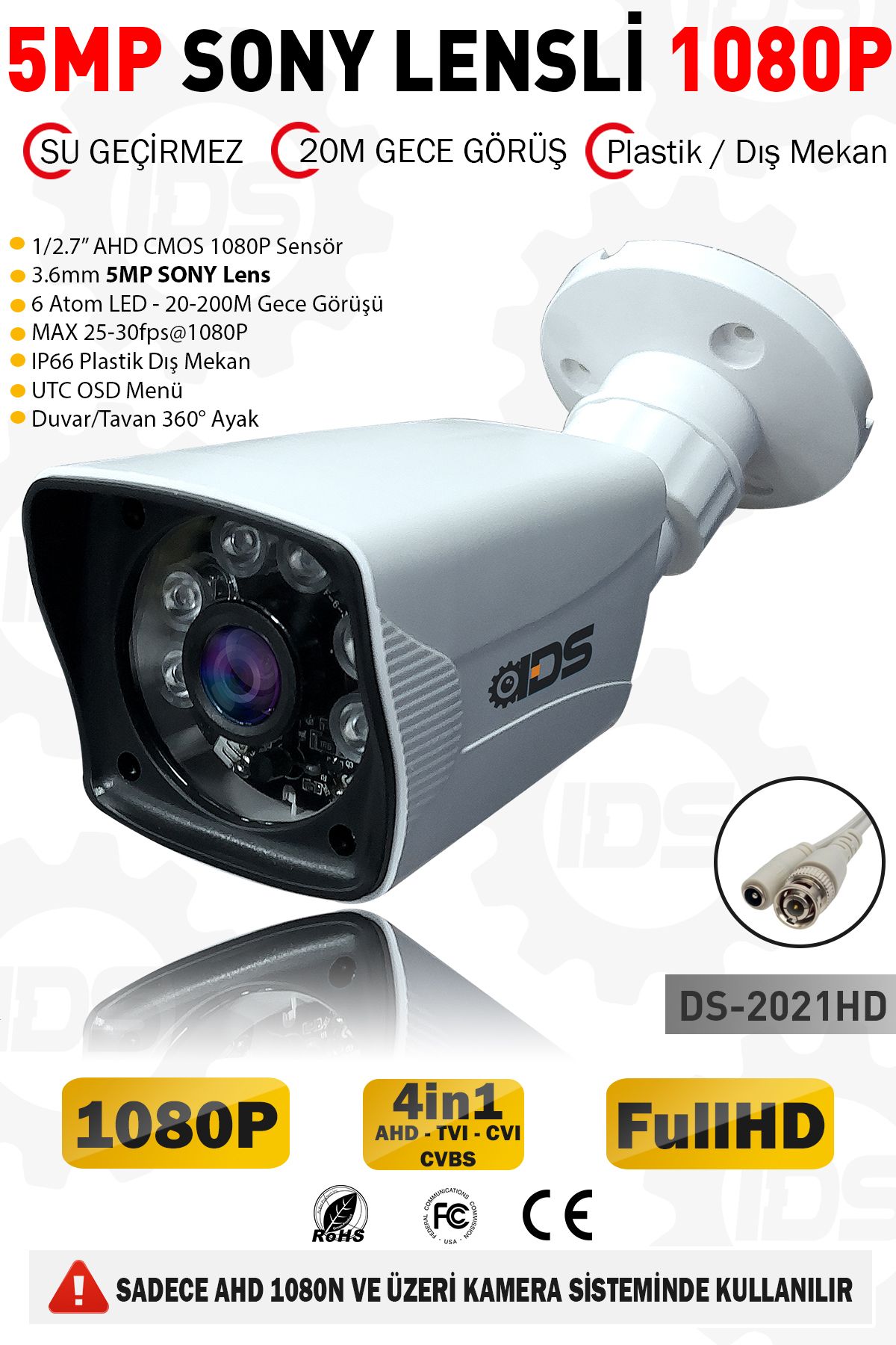 5mp Sony Lensli 1080p 6 Atom Led Gece Görüşlü Su Geçirmez Plastik Kasa Fullhd Güvenlik Kamerası
