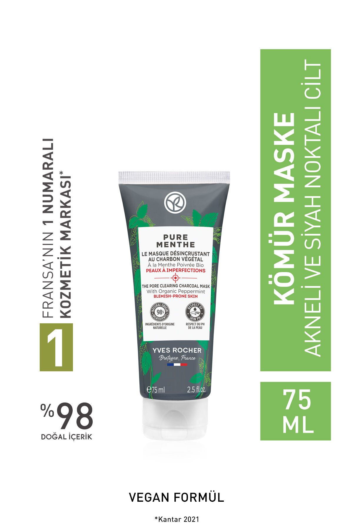 Karma-Yağlı-Akne/Sivilce Eğilimli Cilt, Siyah Nokta Karşıtı Bitkisel Kömür Maske-Pure Menthe-75ml