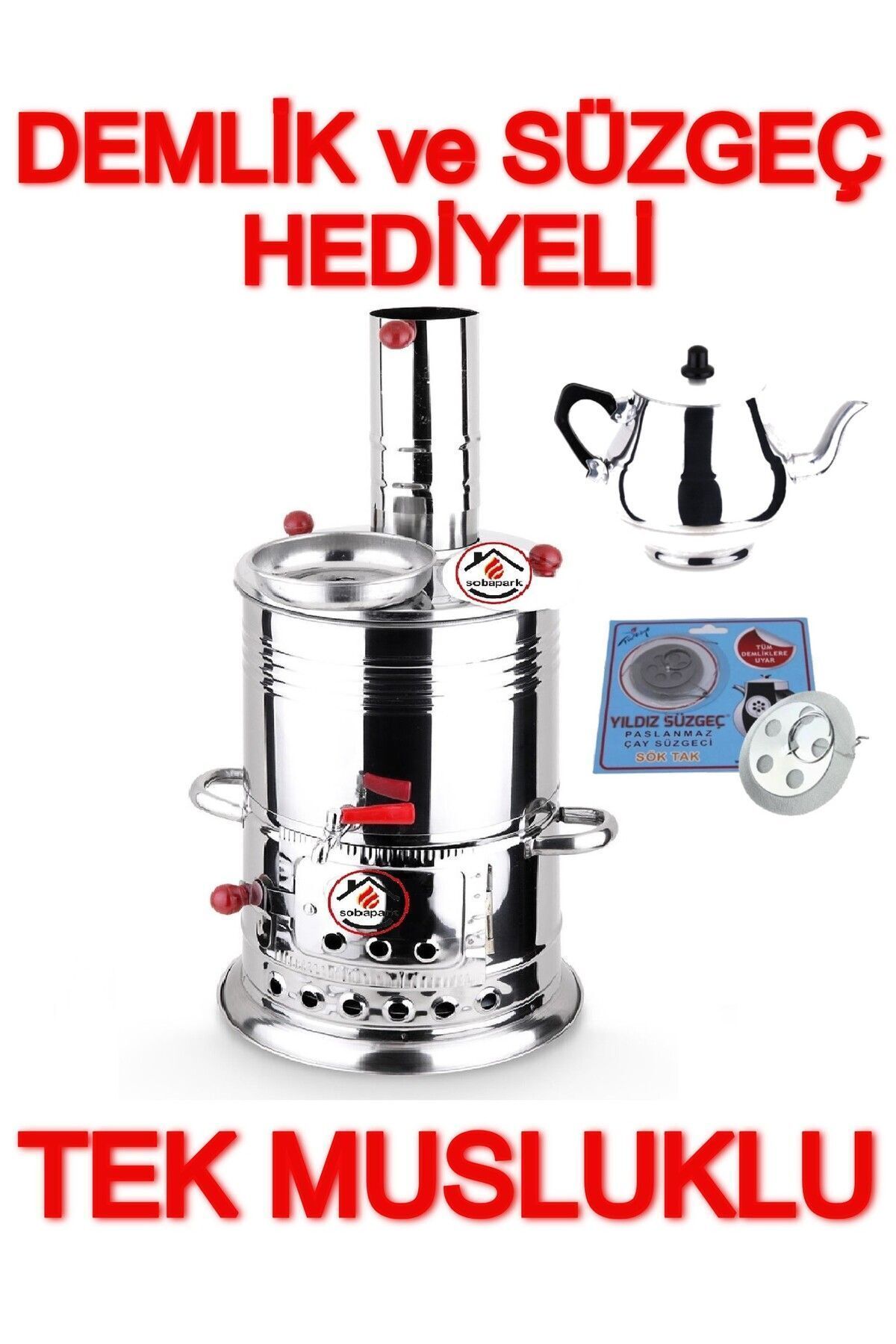 Tek Musluklu Paslanmaz Krom Odunlu Semaver 4 Litre - Demlik 1 Litre (NET)