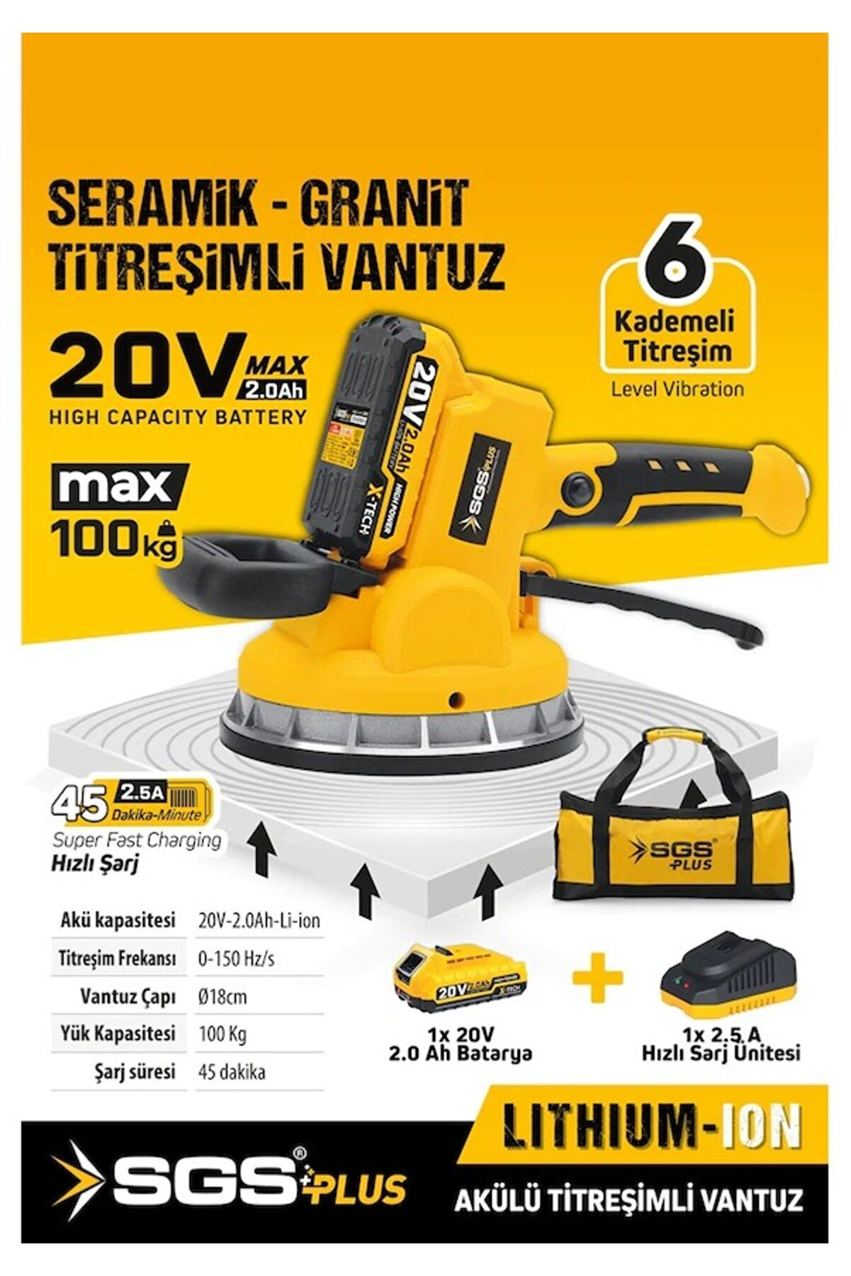 Sgs5415 20 Volt 2 Amper Akülü Titreşimli Vantuz Seramik Granit Mermer Kiremit Döşeme Makinesi