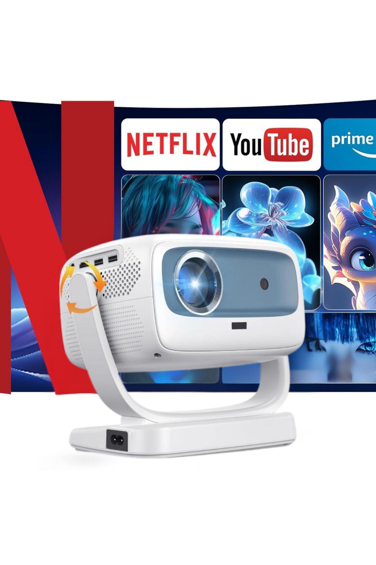 Projeksiyon Cihazı Taşınılabilir Wifi 2.4+5G-6.0 4K UHD 150 İnç Dahili Hoparlör 180 Derece Smart Led