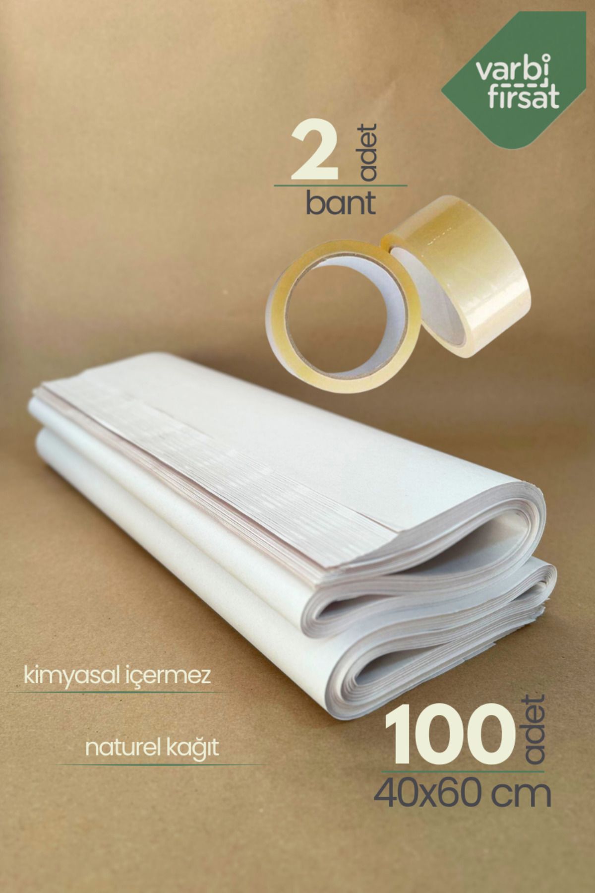 100 Adet 40x60 Tabak - Bardak Sarma Taşıma Taşınma Paketleme Kağıdı Hediye Paketi 2 Adet Koli Bandı