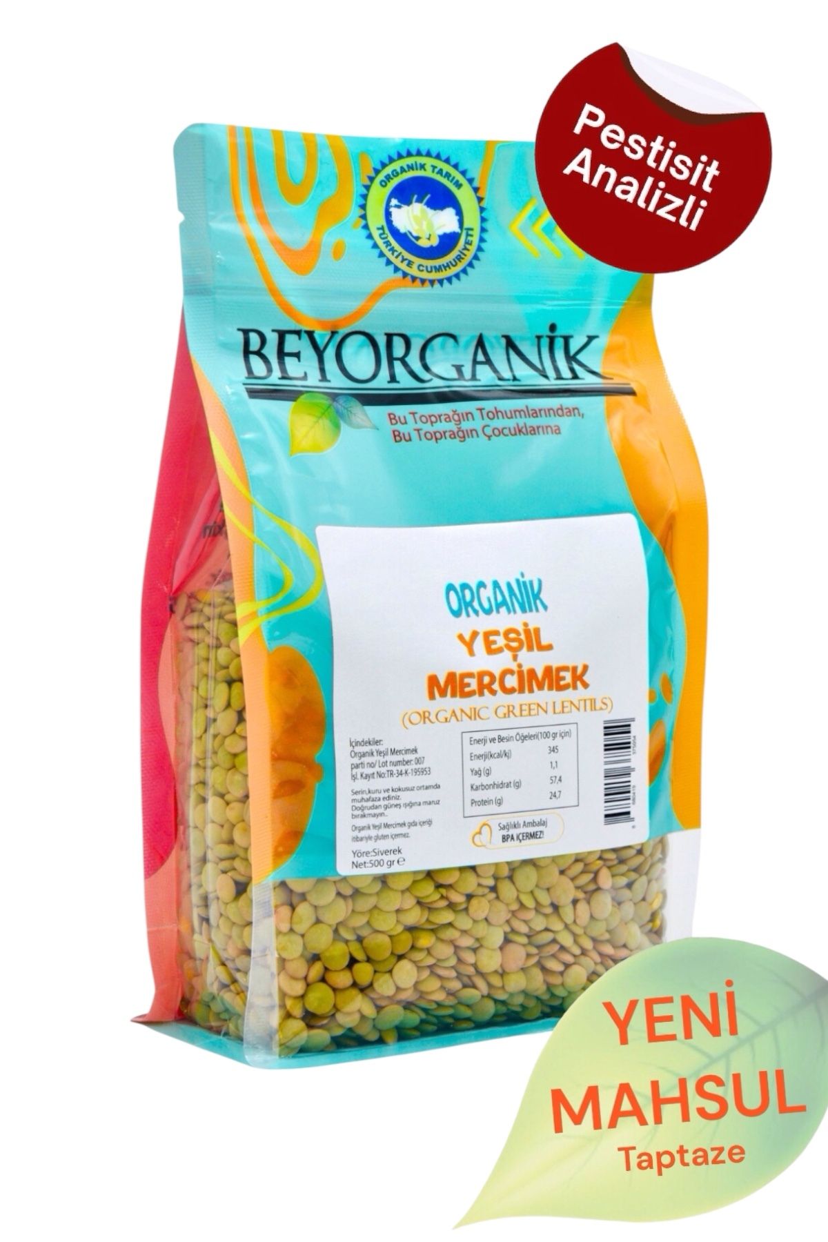 Organik Yeşil Mercimek 500gr (PESTİSİT VE AFLATOKSİN ANALİZLİ)
