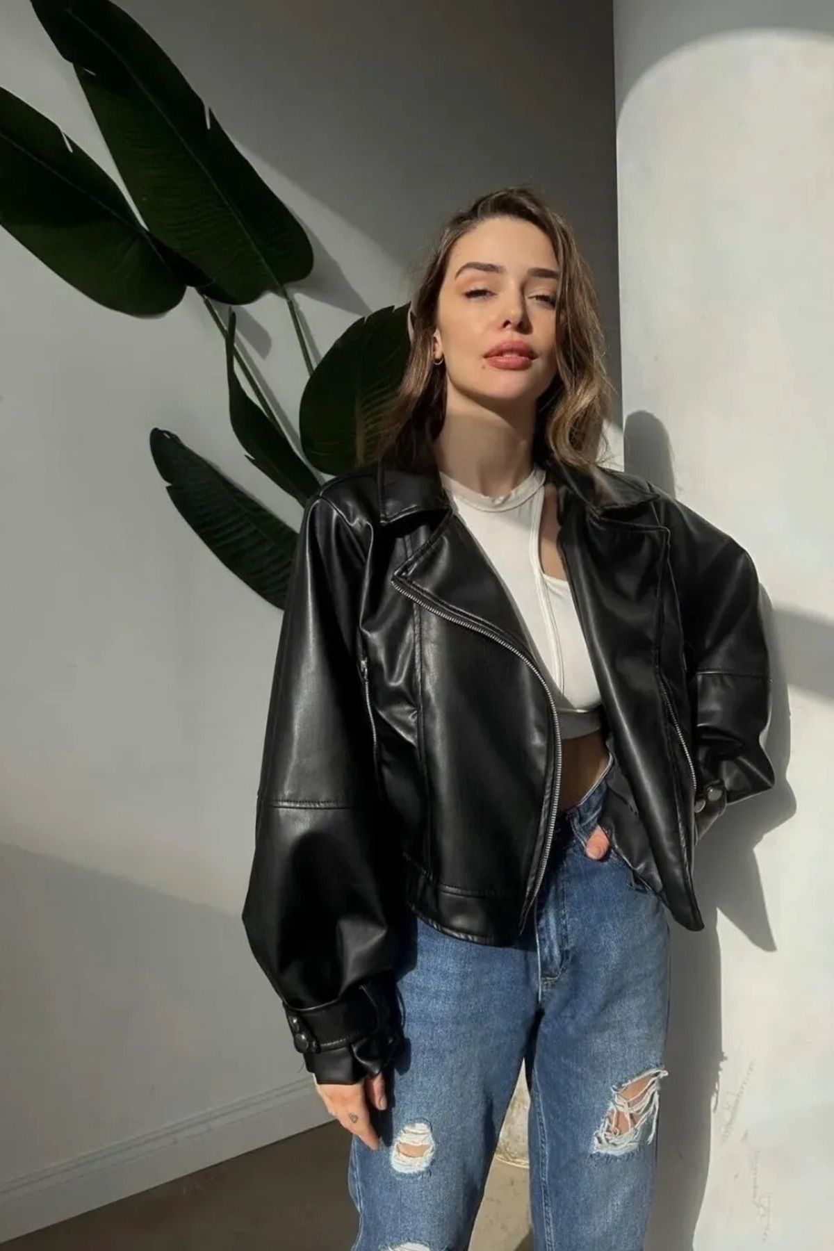 Kadın Siyah Oversize Deri Ceket