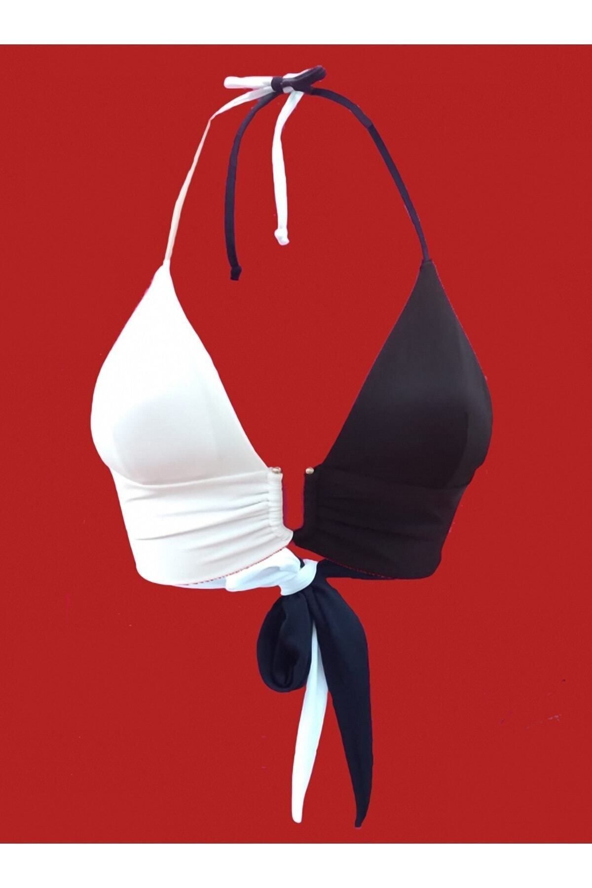 Siyah Beyaz Tulumlu U Aksesuar Detaylı Şık Bikini Üstü